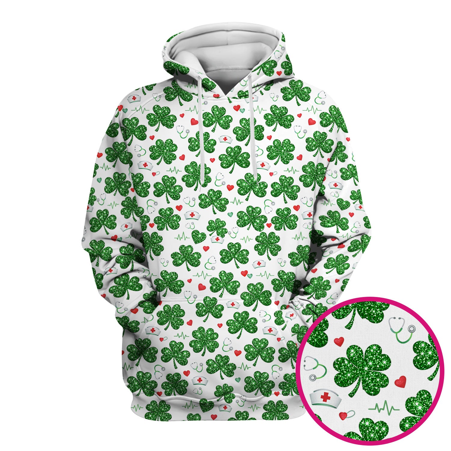 St. Patrick’s Day Nurse Scrub Top, Green Clover Medical Pattern Shirt, Breathable Fabrics Nursing Uniform