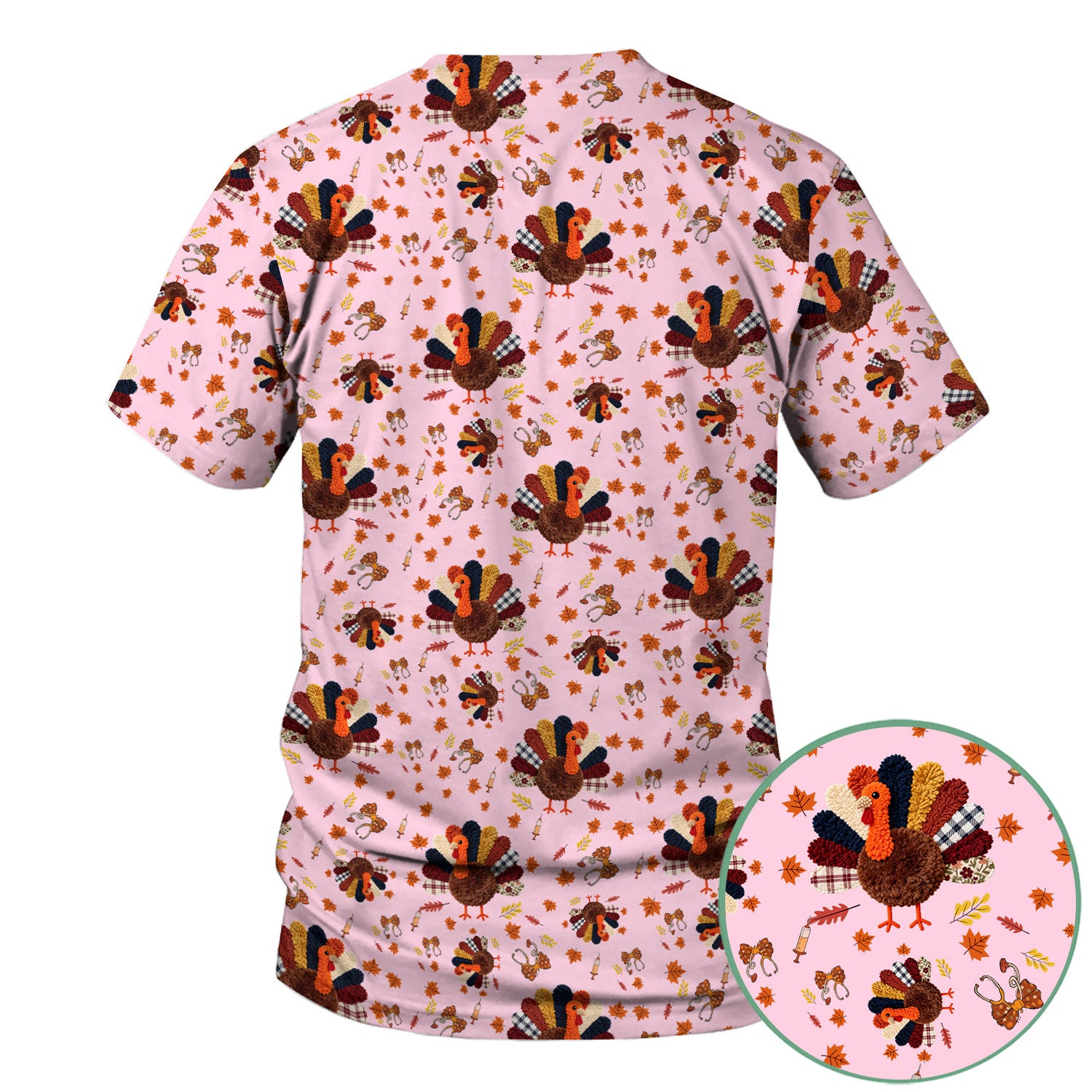 Funny Thanksgiving Nurse Scrub Top - Fall Leaves and Pumpkin Shirt - Autumn Turkey Med Uniform Gift for RN CNA LPN