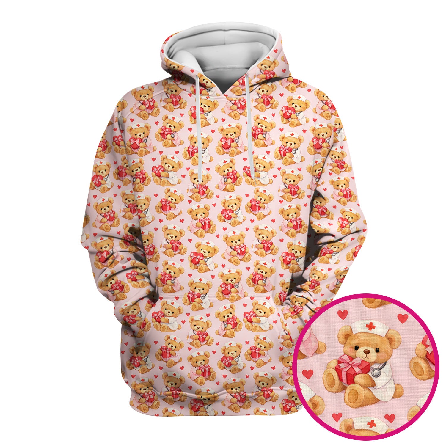 Valentine Teddy Pattern Scrub Top, Bear And Heart Medical Nurse Scrub Shirt, Breathable Fabrics Nursing Uniform