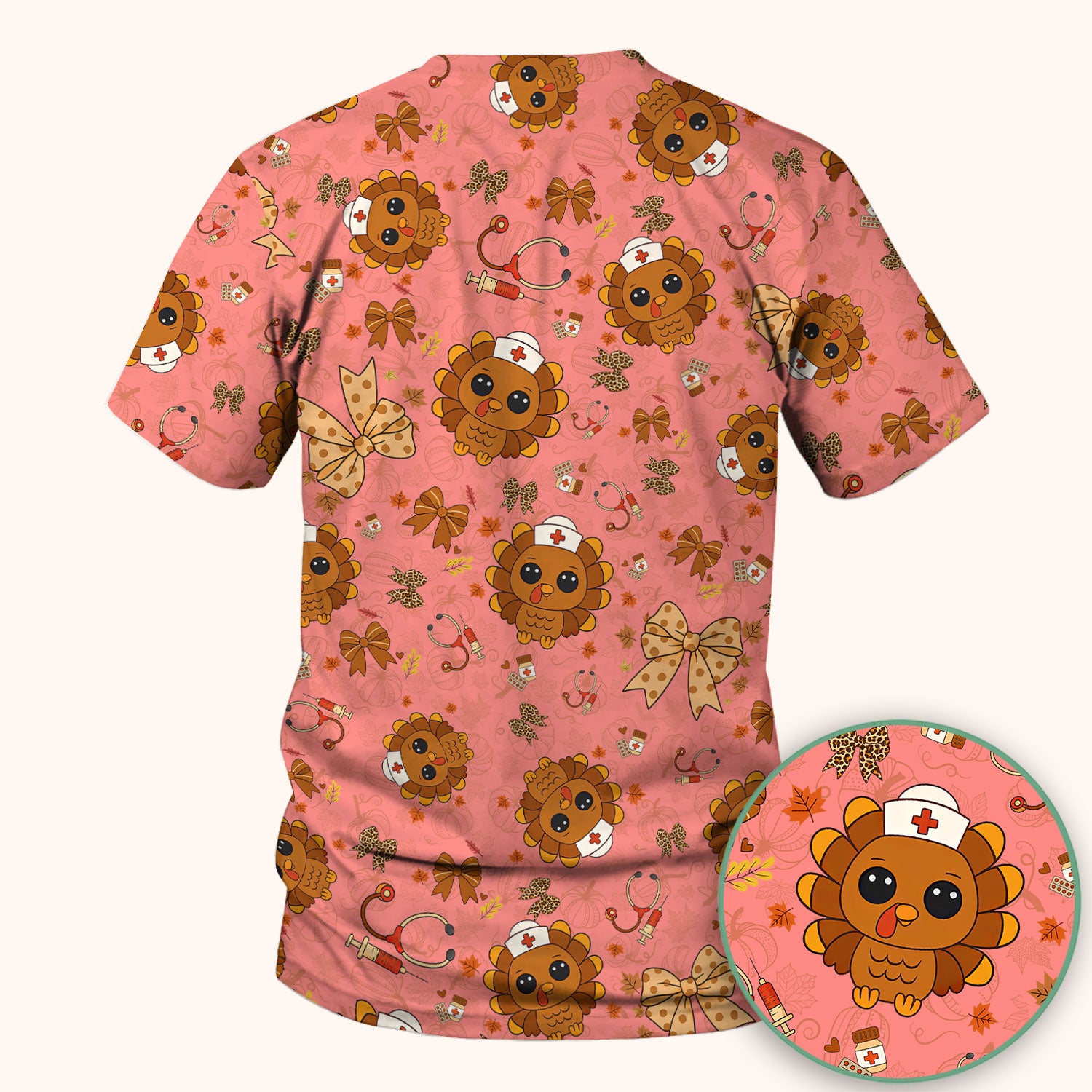 Thanksgiving Turkey Nurse Scrub Top for Women - Cute Fall Leaves and Bow Shirt - Autumn Medical Shirt Gift for RN CNA LPN Doctor