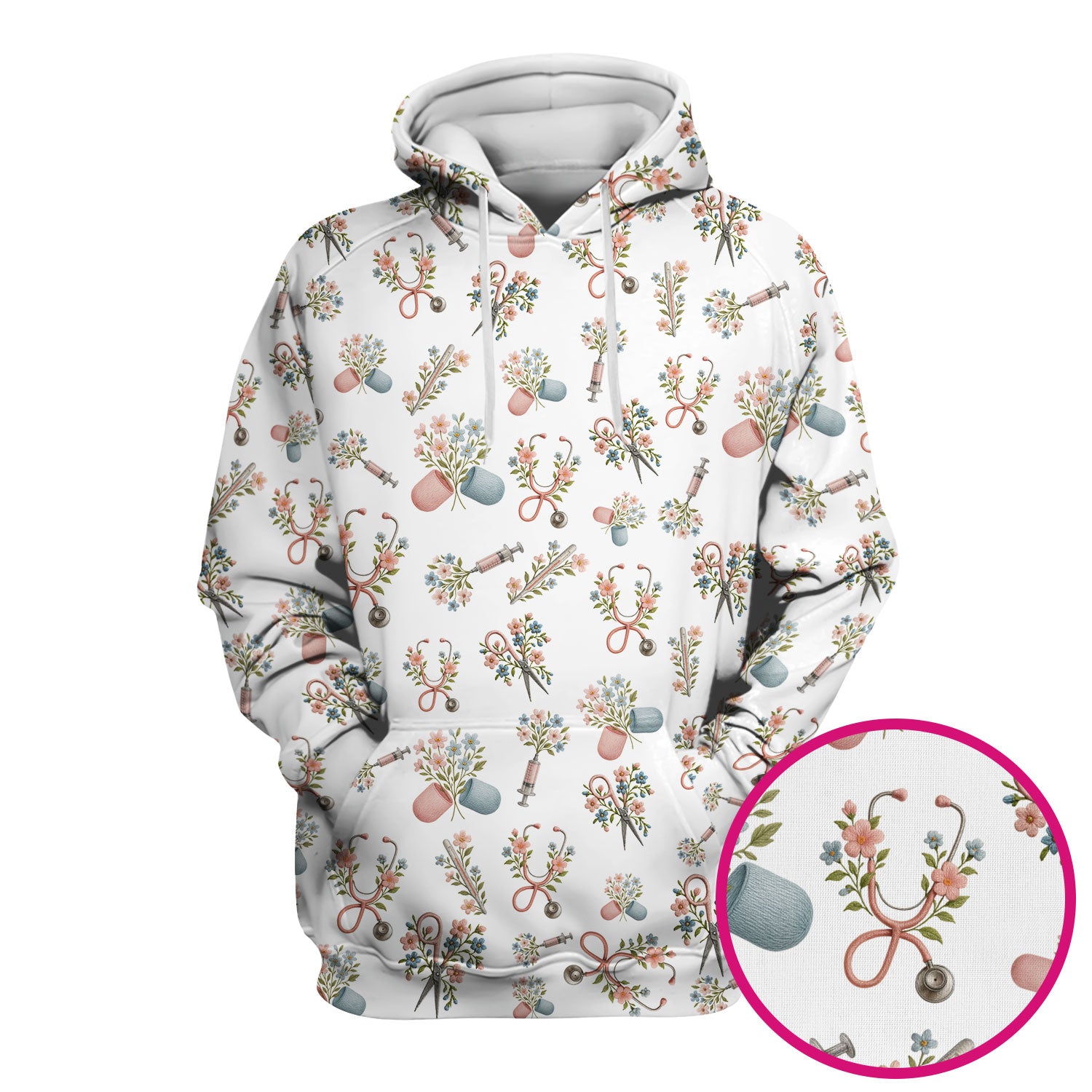 Floral Medical Scrub Top, Elegant Stethoscope With Flower Nursing Shirt, Breathable Fabrics Nurse Uniform