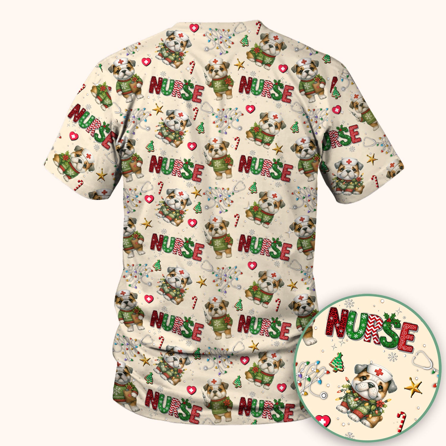 Bulldog Christmas Nurse Scrub Top - Funny Dog Scrub Shirt - Cute Holiday Medical Uniform for Women RN LPN CNA Gift