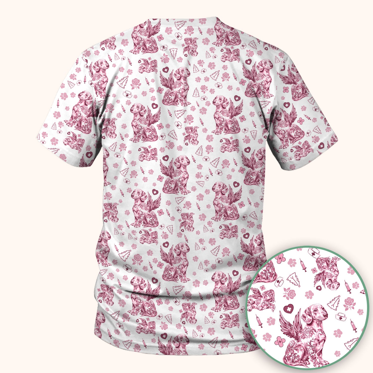 Toile de Jouy Dachshund Angel Scrub Top - Blue Vintage Dog Nurse Shirt - Memorial Christmas Gift