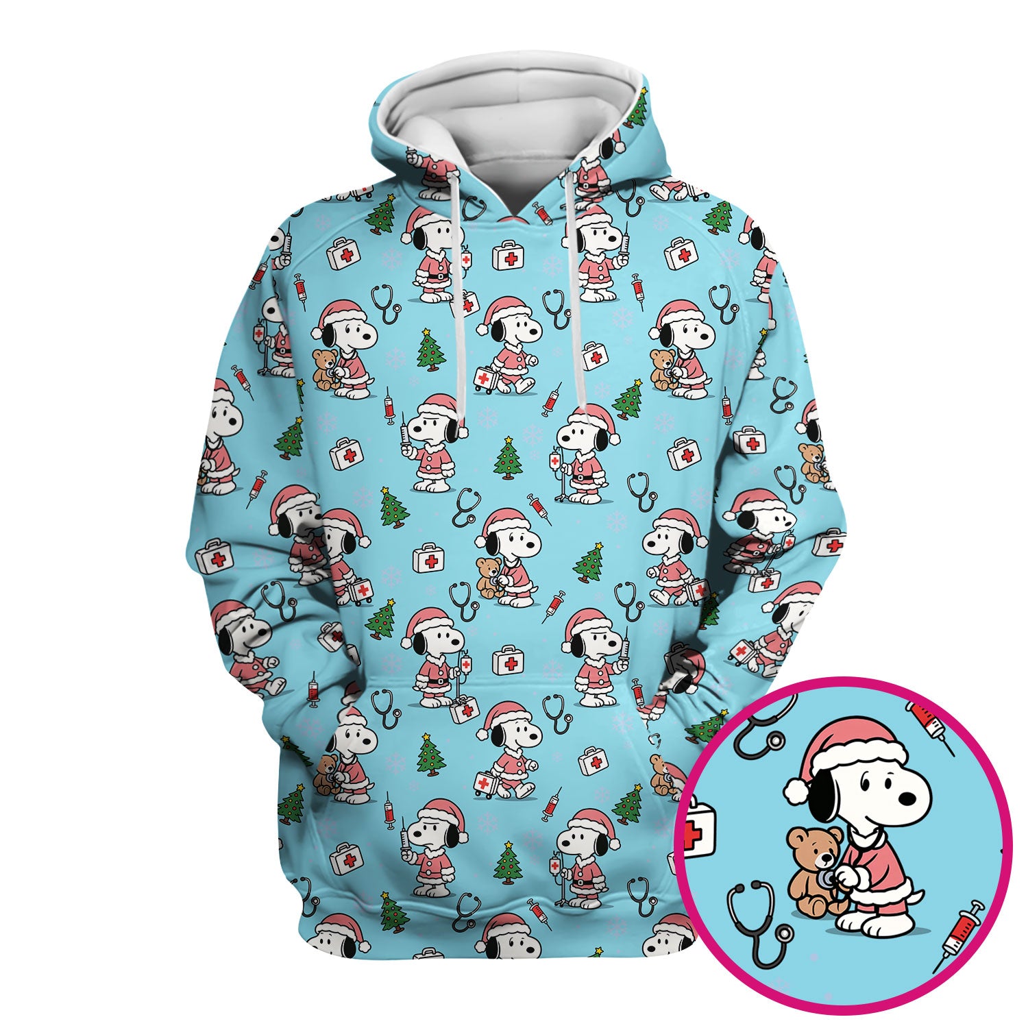 Snoopy Christmas Nurse Scrubs Top - Cute Pink Holiday Nursing Shirt - Funny Xmas Scrub Top for Women Nurses & Medical Workers