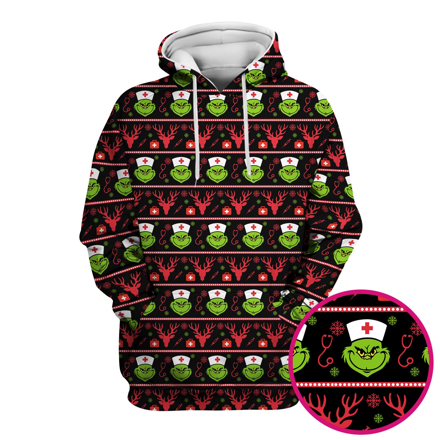 Grinch Nurse Ugly Christmas Scrub Top - Funny Holiday Nursing Scrubs Shirt - Cute Medical Workwear for Women with Festive Pattern