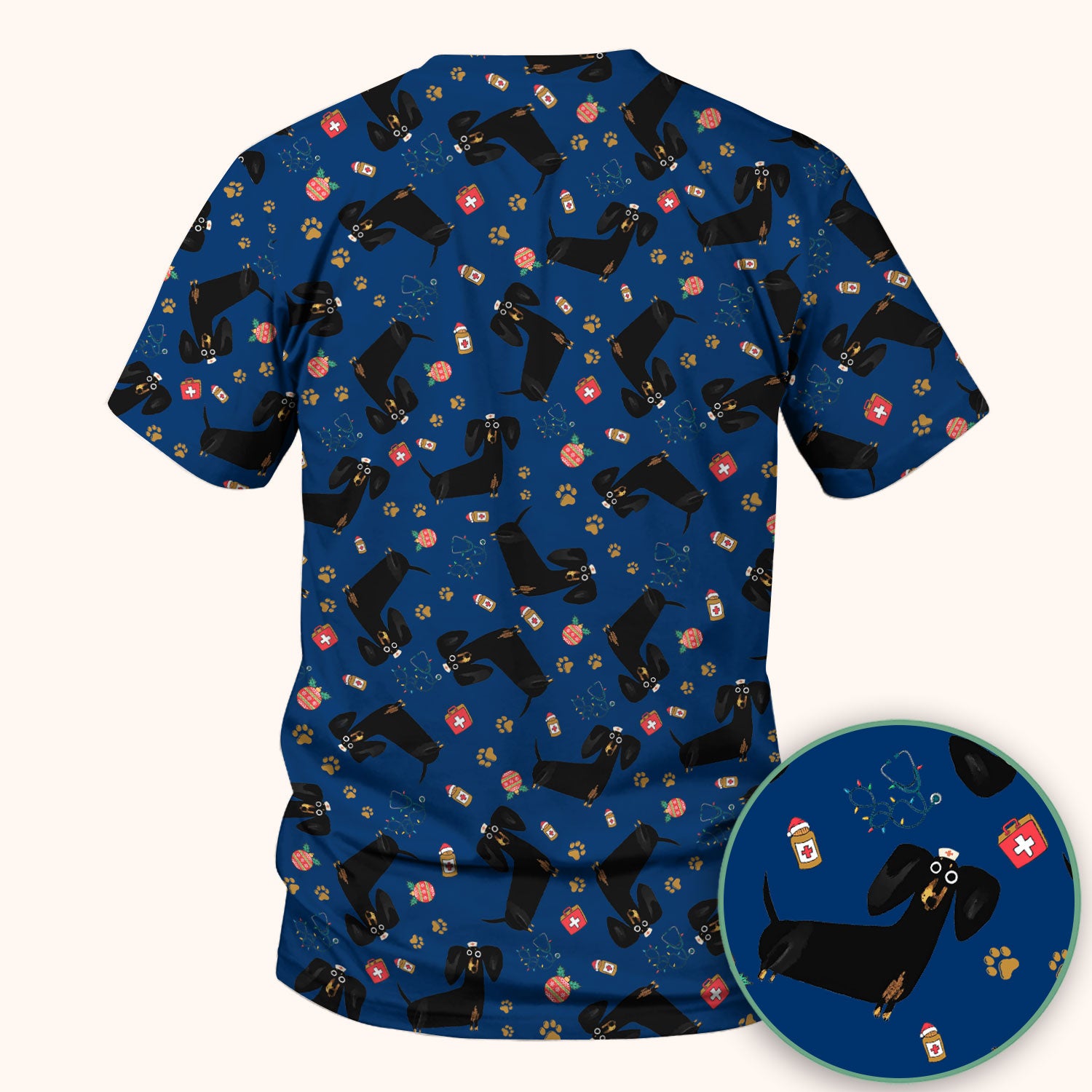 Funny Wiener Dog Scrub Top for Nurses - Cute Black Dachshund Medical Shirt - Dog Lover Nursing Uniform Gift for Women