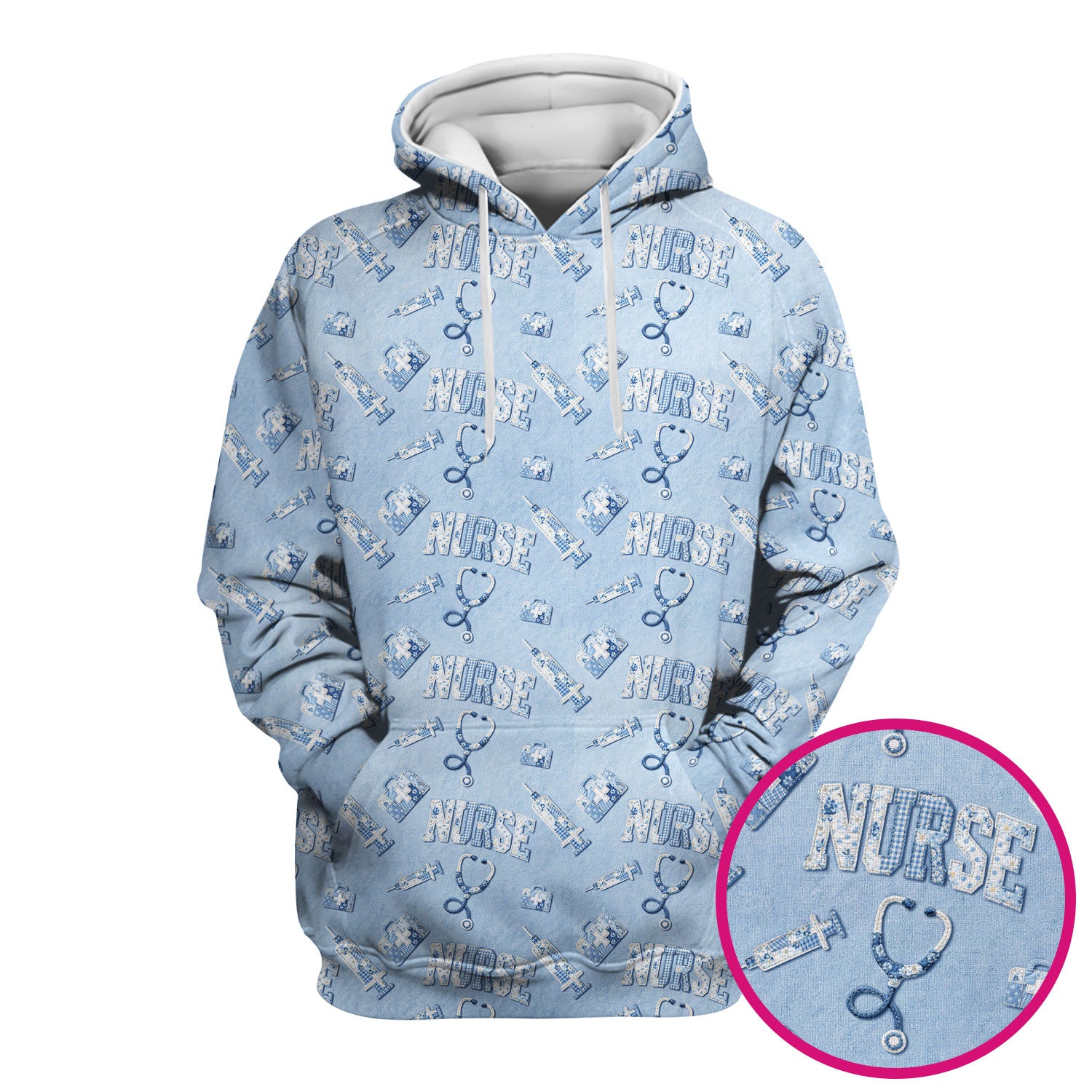 Blue Nurse Medical Pattern Scrub Top for Women, Breathable Nursing Uniform