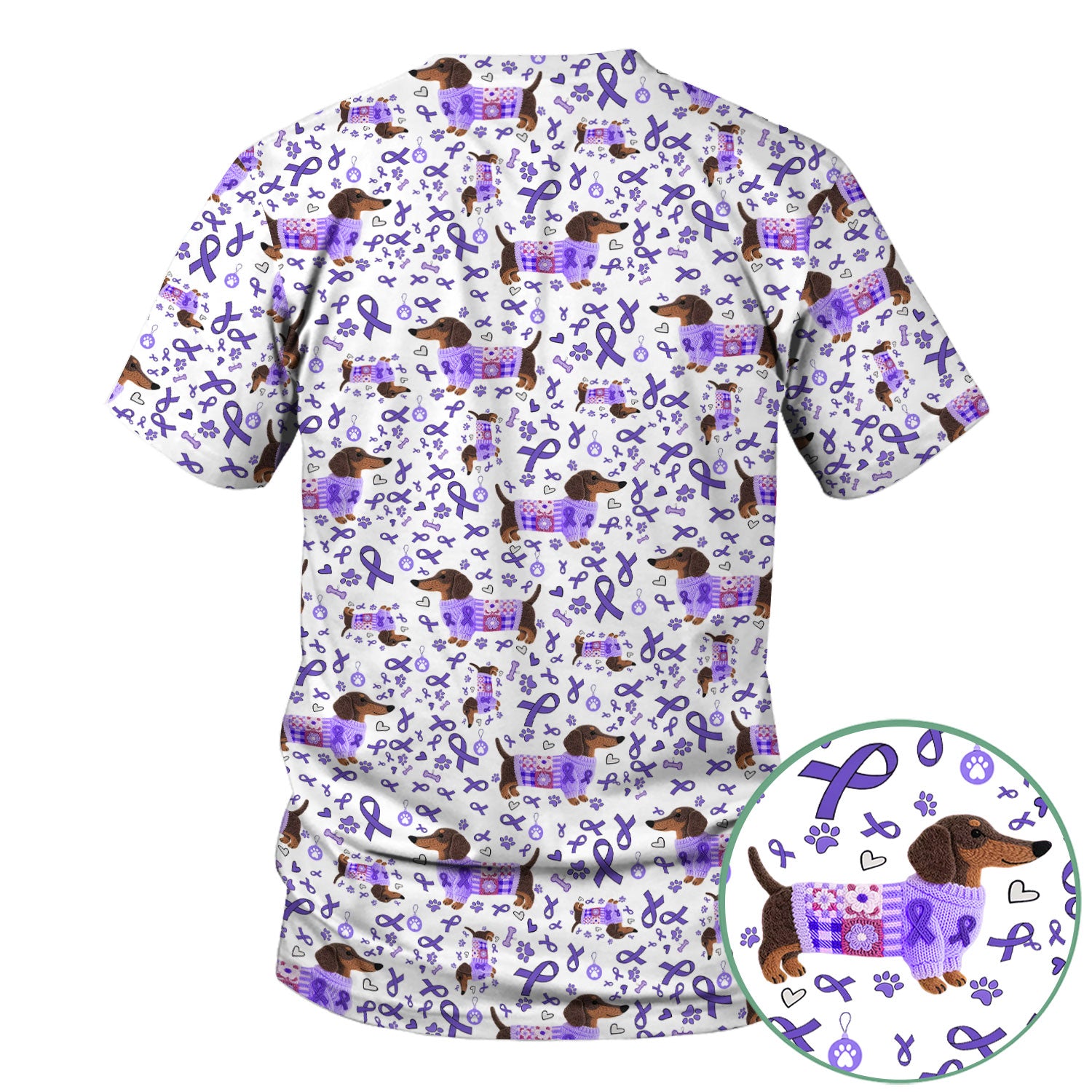 Purple Ribbon Dachshund Scrub Top for Nurses - Cute Awareness Dog Paw Prints - Support Lupus Cancer Med Uniform Gift for Women