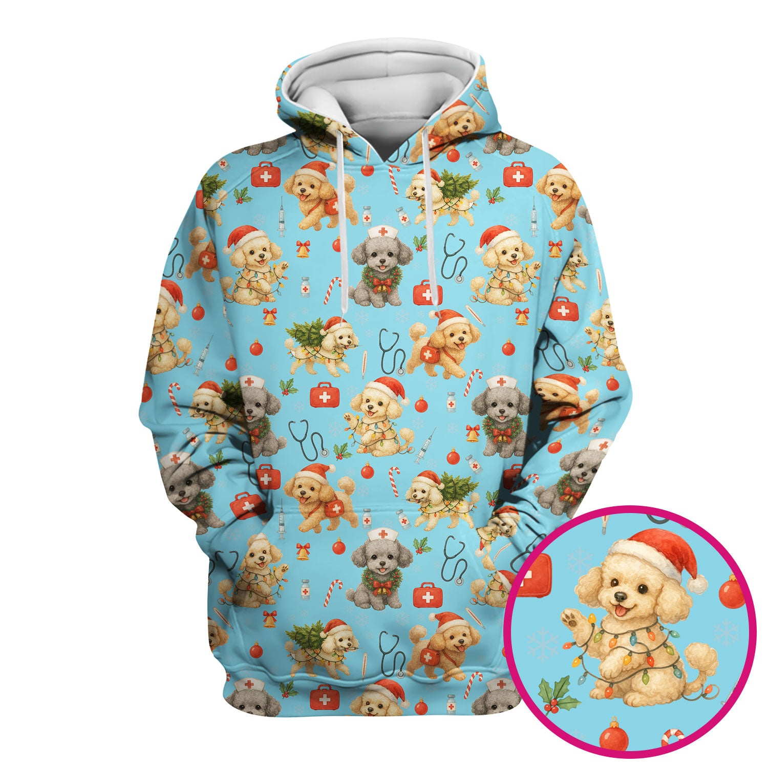Christmas Puppy Scrub Top - Cute Dog Nurse Shirt with Santa Hat - Holiday Medical Scrubs Gift for Women CNA RN Doctor