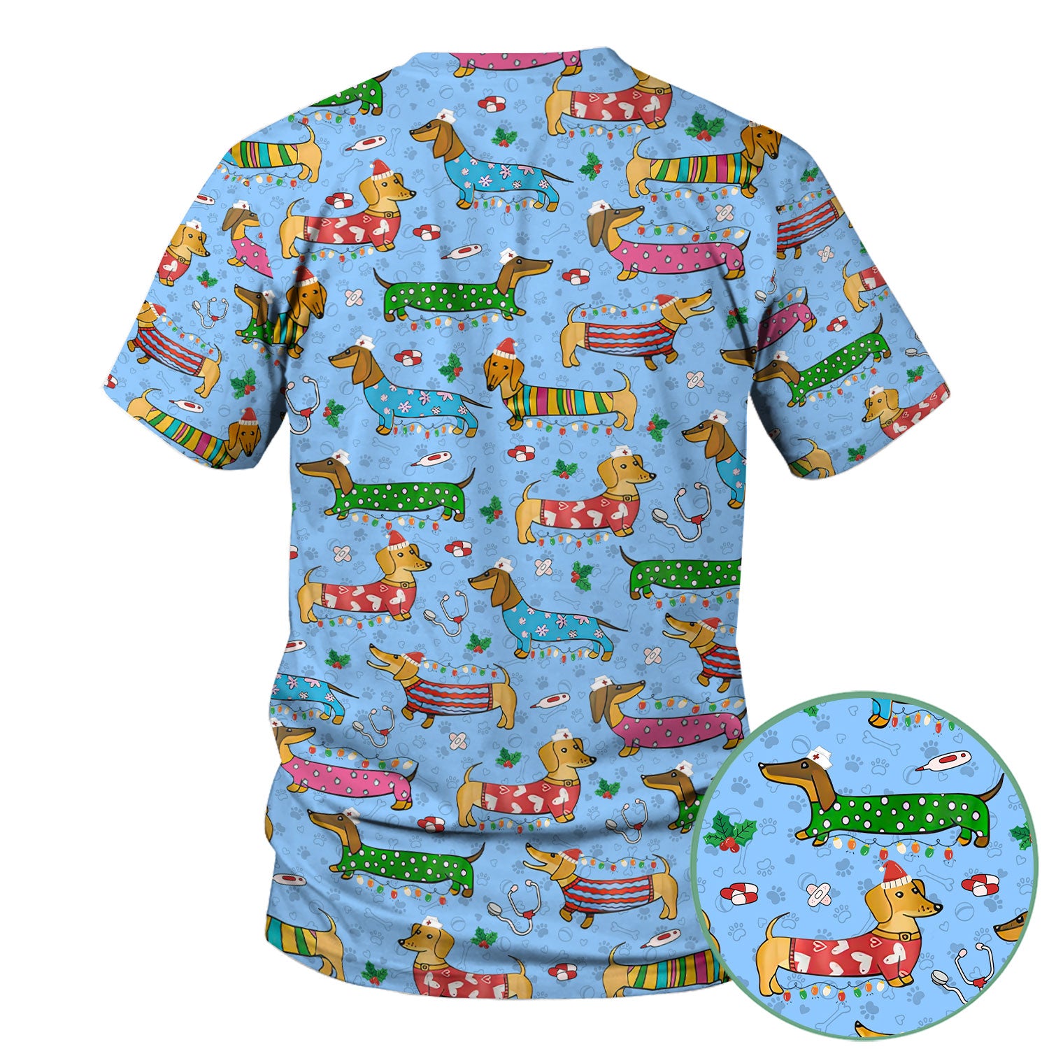 Christmas Dachshund Nurse Scrub Top - Cute Wiener Dog in Holiday Outfit - Funny Medical Shirt Gift for Women RN LPN CNA