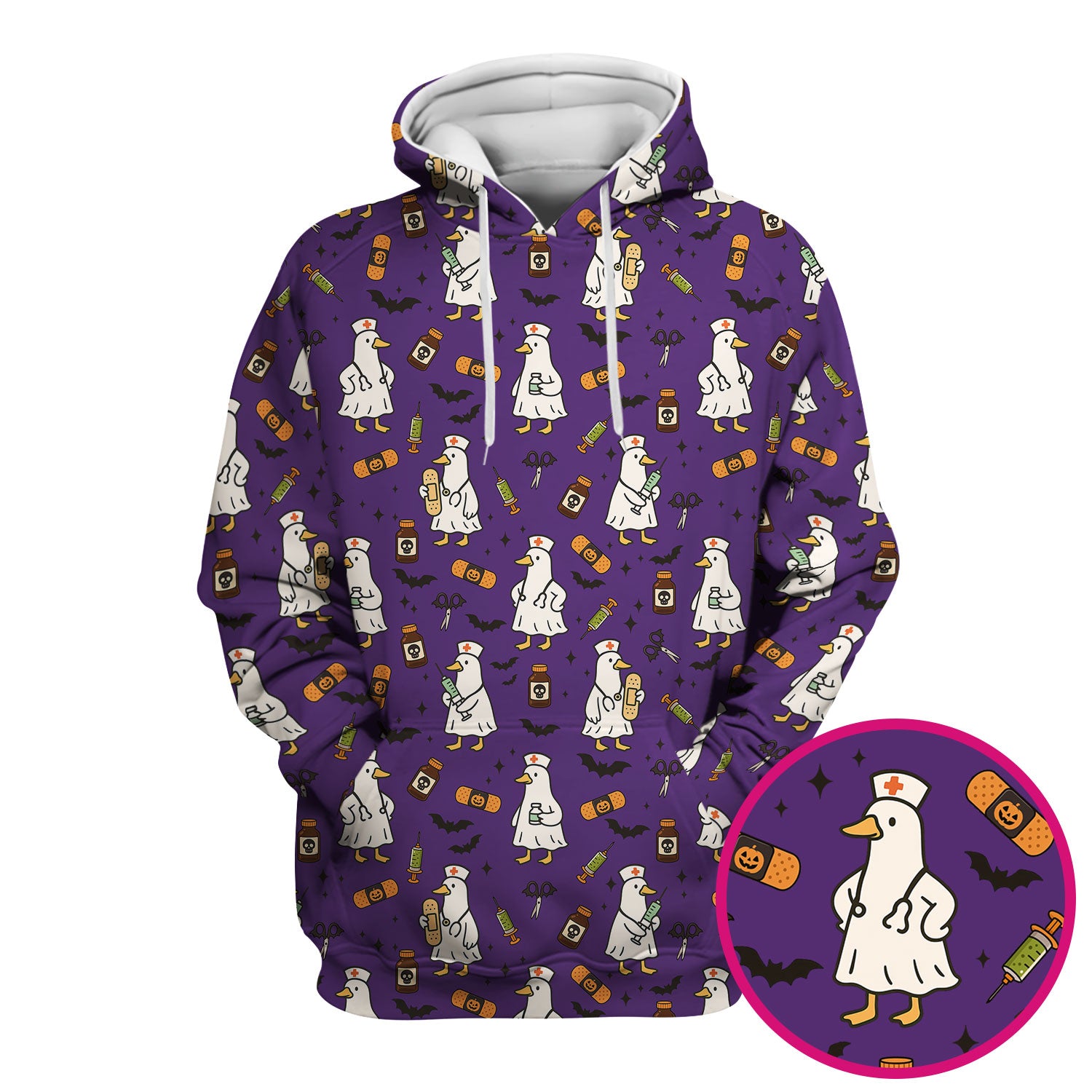 Funny Goose Nurse Scrub Top - Cute Halloween Duck Pattern Shirt with Bats & Bandages - Spooky Nursing Gift for Women RN LPN CNA