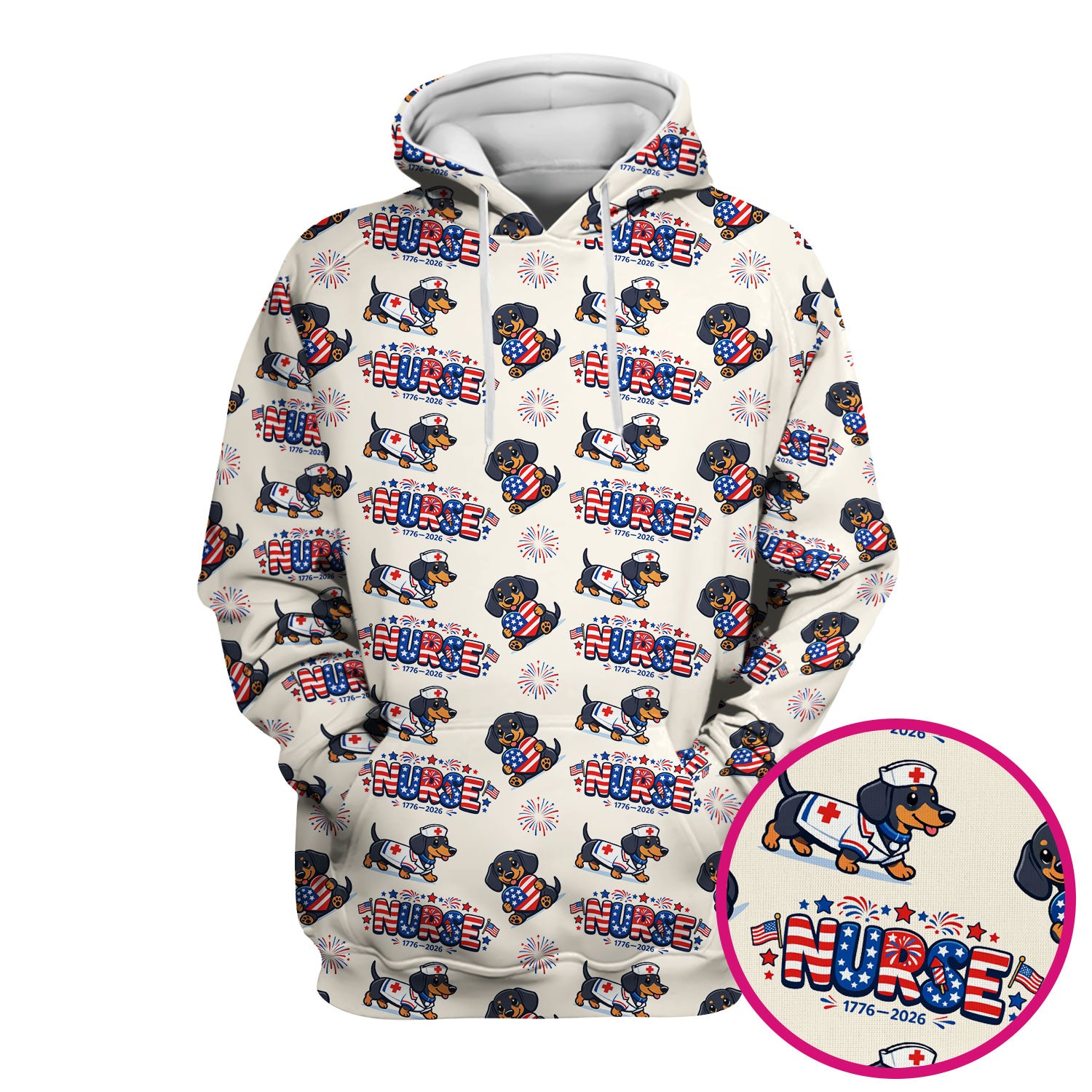 Proud Nurse Patriotic Dachshund Medical Firework Pattern Scrub Top, Comfortable Scrubs for Nurses
