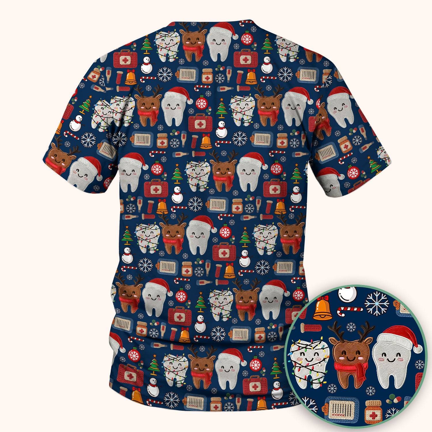 Christmas Dental Scrub Top - Cute Santa & Reindeer Tooth Shirt - Funny Holiday Medical Uniform for Dentists, Hygienists & Nurses