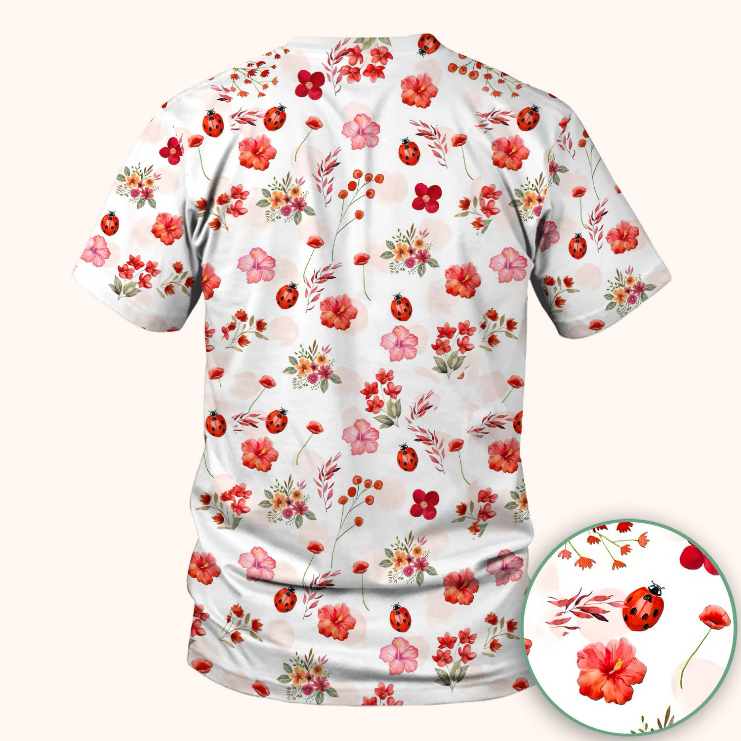Red Ladybug Floral Garden Pattern Scrub Top, Comfortable Scrubs for Nurses