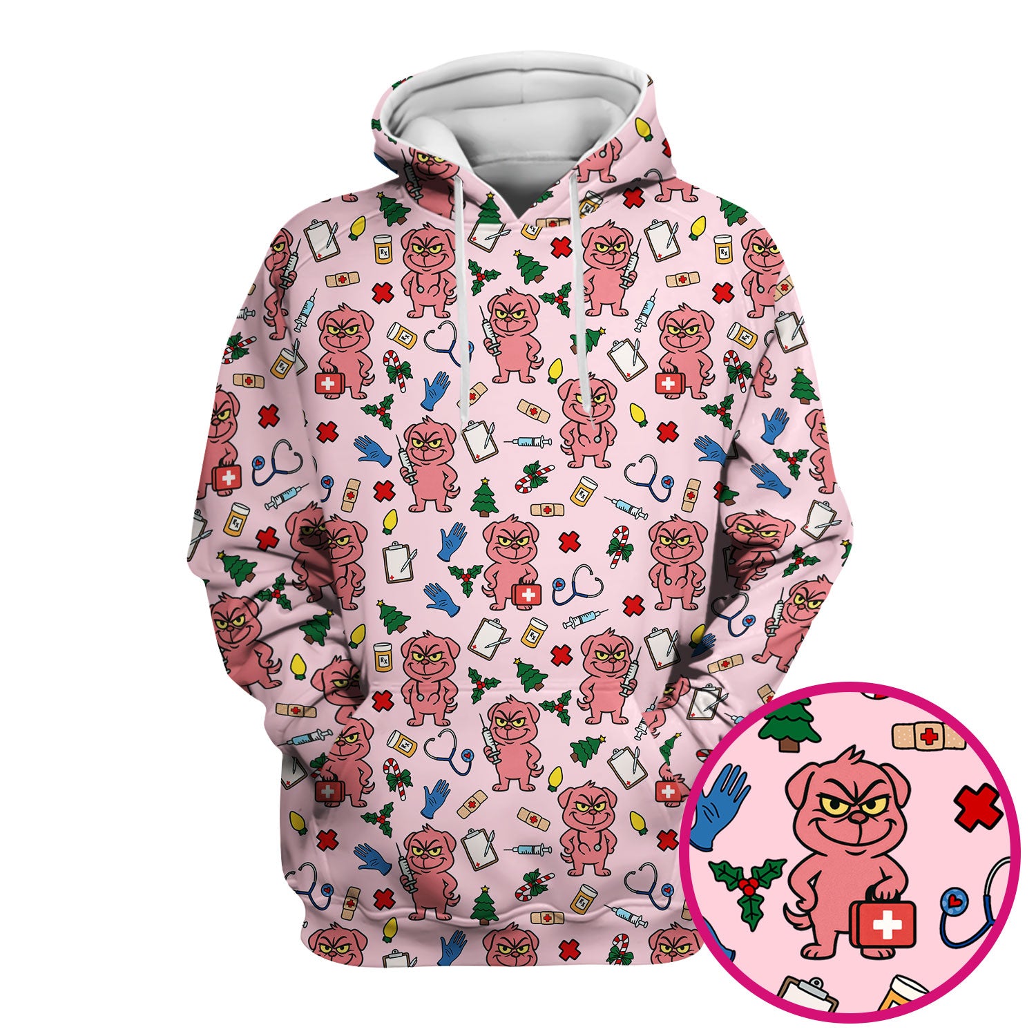 Funny Pink Dog Christmas Scrub Top - Holiday Nurse Scrubs for Women - Cute Medical Pattern with Tree, Lights and Stethoscope Print