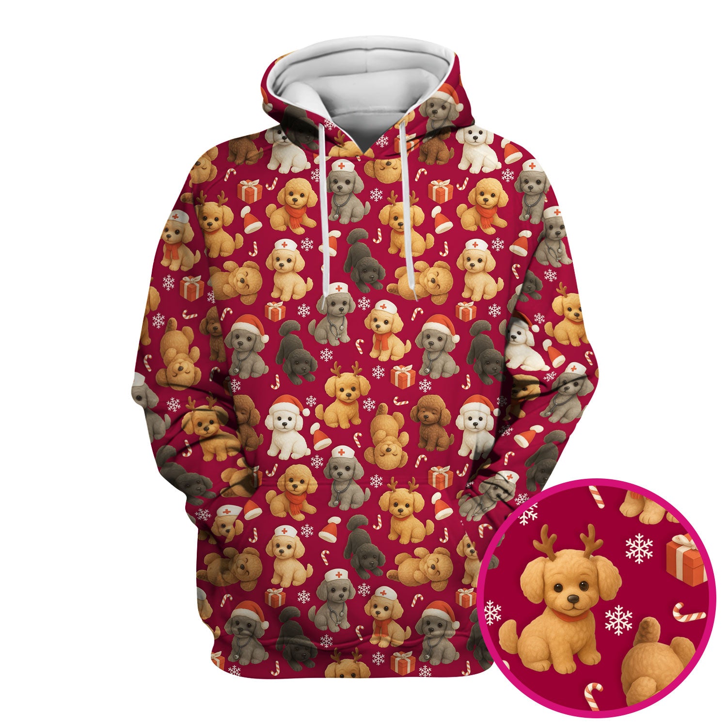 Christmas Poodle Scrubs for Women - Cute Dog Pattern Medical Scrub Top - Festive Holiday Christmas Scrubs with Adorable Poodle Design