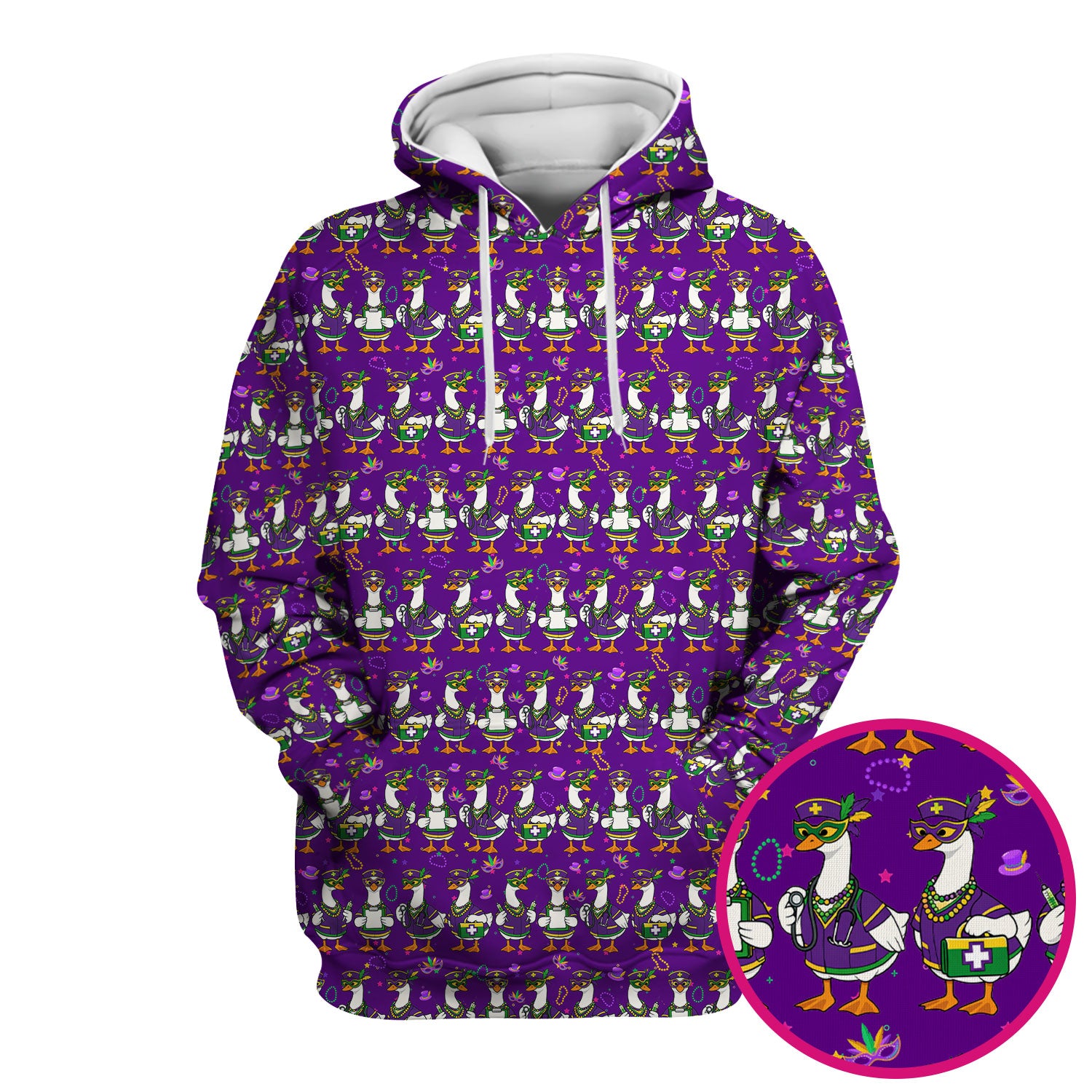 Mardi Gras Nurse Goose Scrub Top, Purple Carnival Parade Medical Pattern Nurse Shirt, Breathable Fabrics Nursing Uniform