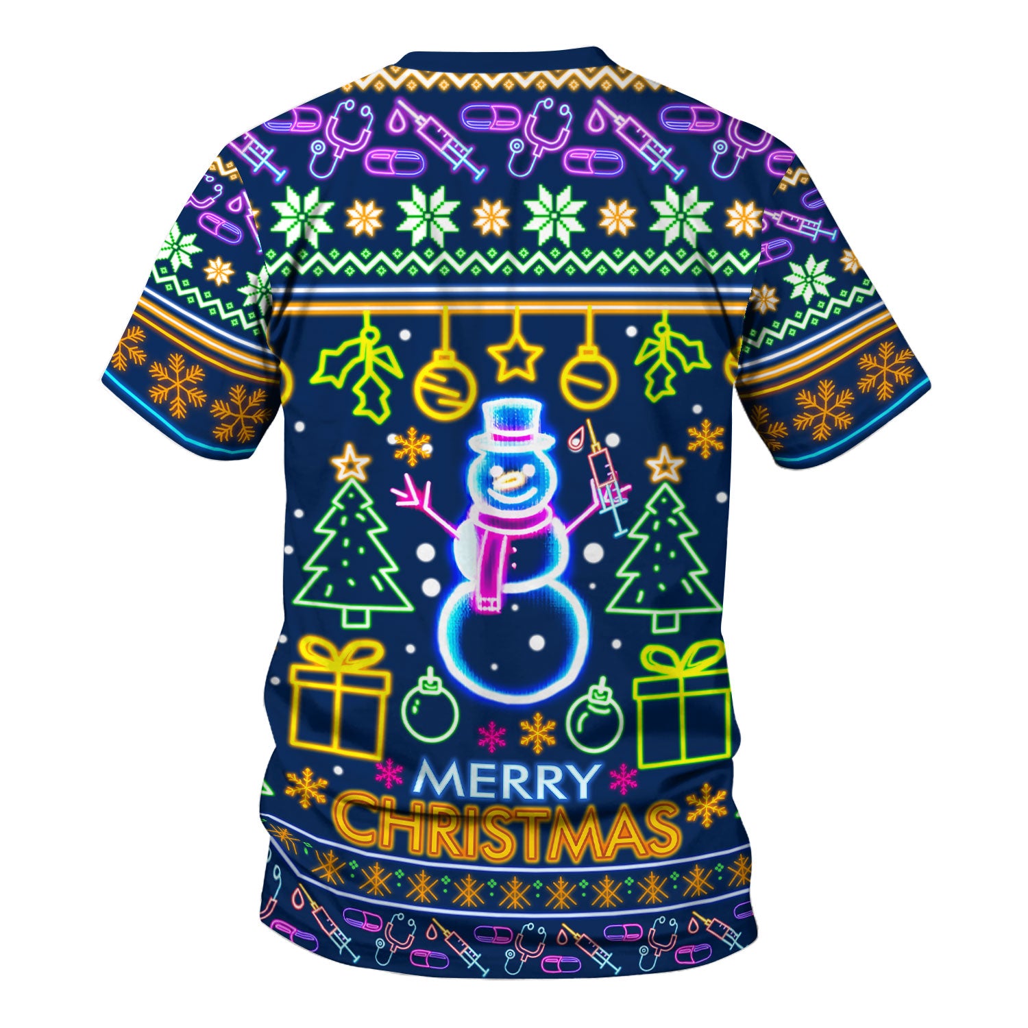 Neon Snowman Christmas Scrub Top for Nurses - Merry Christmas Holiday Lights Pattern - Funny Festive Medical Uniform for RN LPN CNA