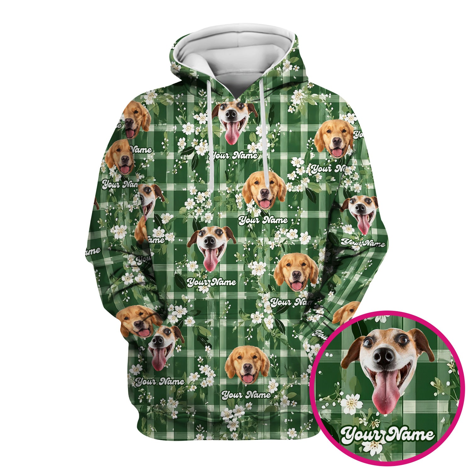 Custom Dog Face Scrub Top, Dog Green Plaid Floral Pattern Shirt, Comfortable Scrubs for Nurses