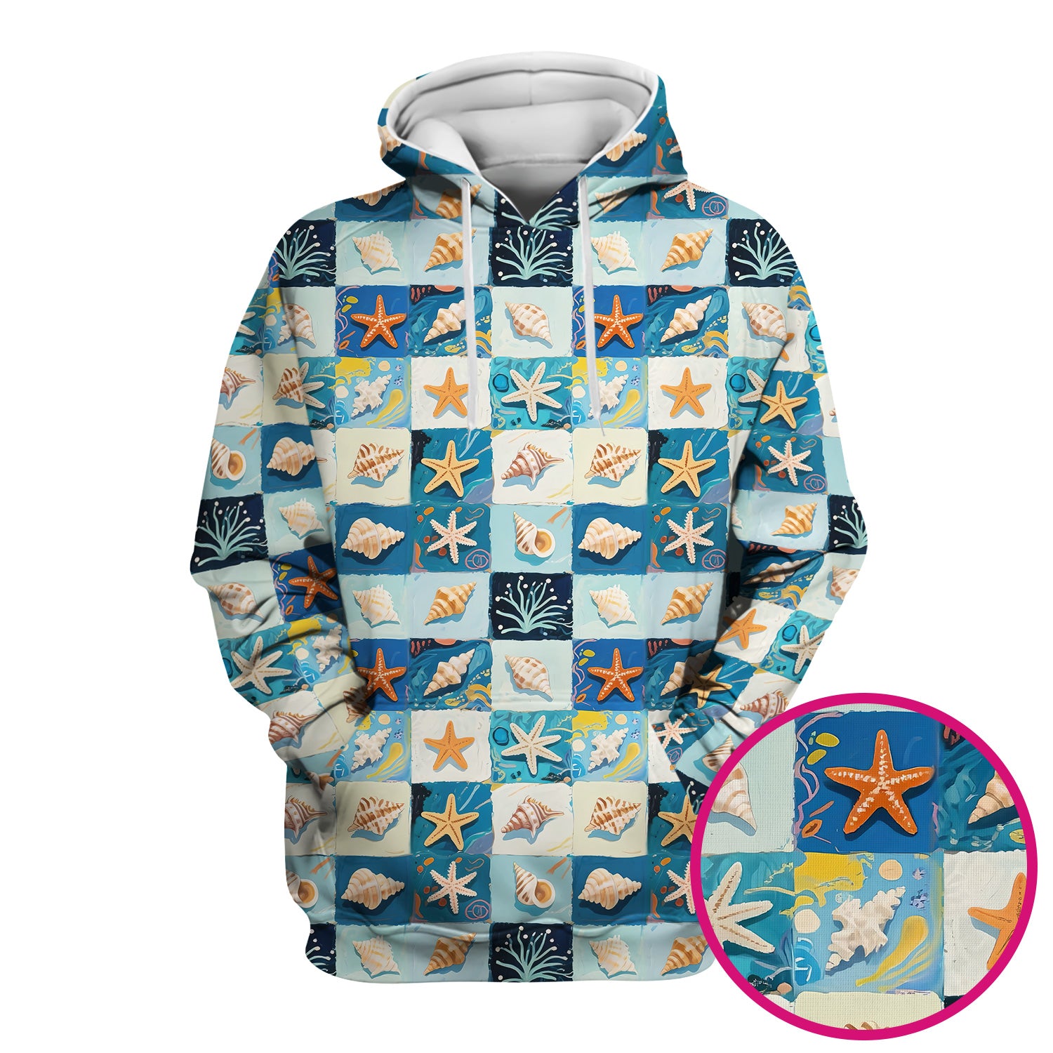 Cute Seashell Starfish Ocean Tile Pattern Scrub Top, Comfortable Scrubs for Nurses