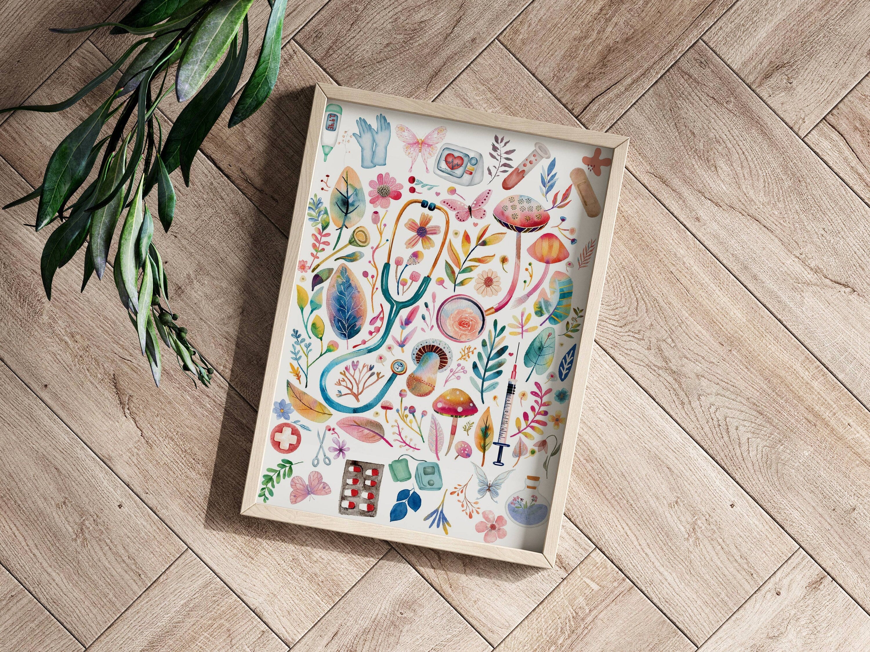 Watercolor Nurse Tools Garden Canvas Wall Art, Clinic Decor