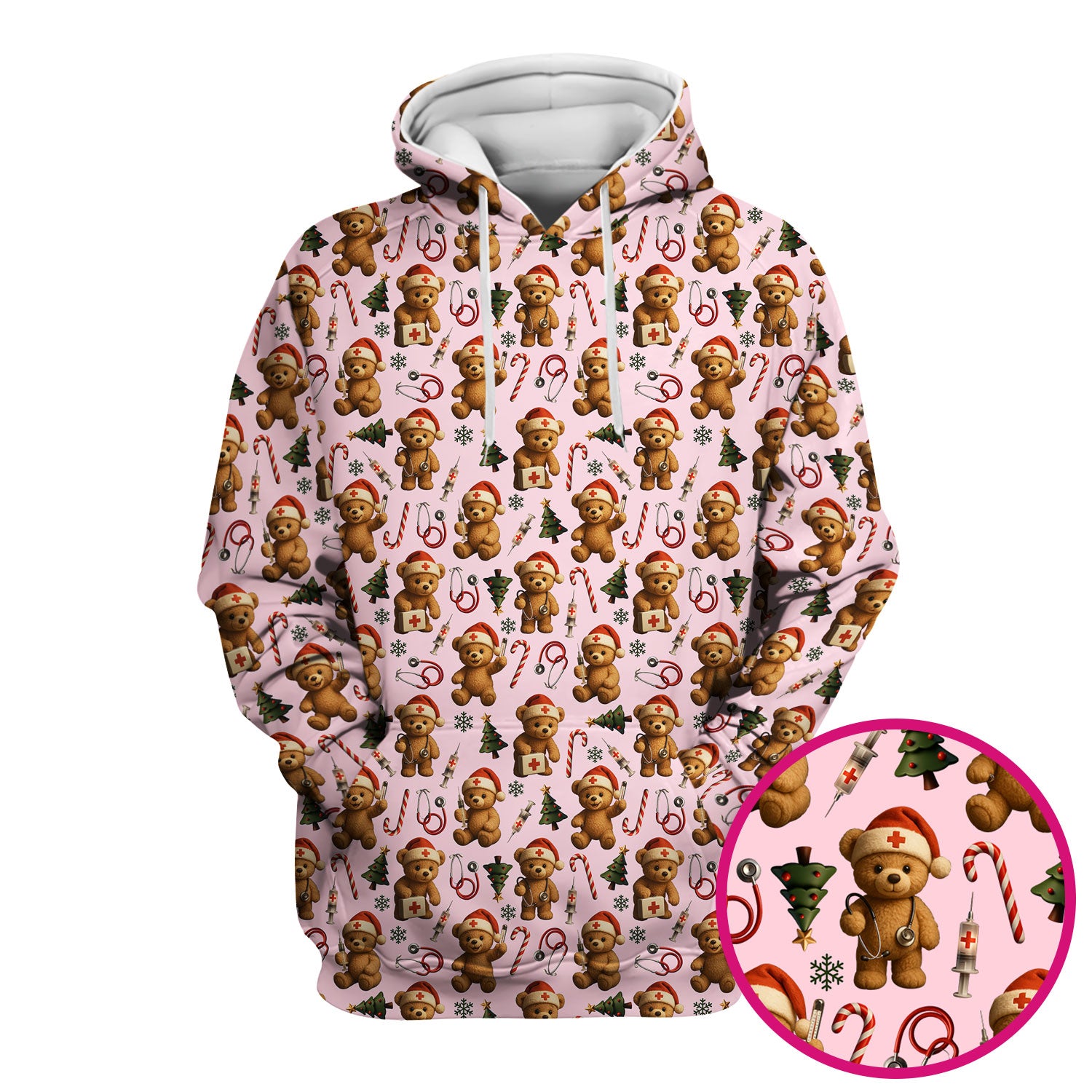 Christmas Bear Scrub Top for Nurses - Cute Teddy Bear Pattern with Candy Cane and Tree - Funny Holiday Nurse Scrubs Gift for Women RN CNA LPN