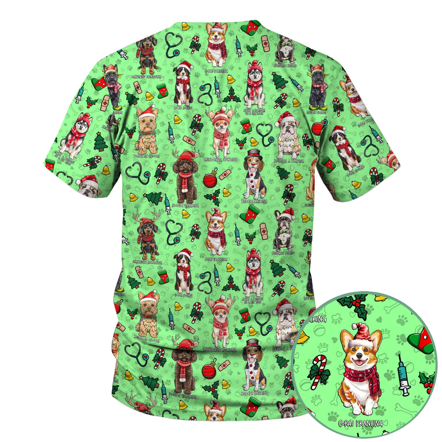 Cute Christmas Dog Scrubs for Nurses - Corgi, Dachshund, Husky, Poodle & Labrador - Funny Holiday Medical Scrub Top for Women