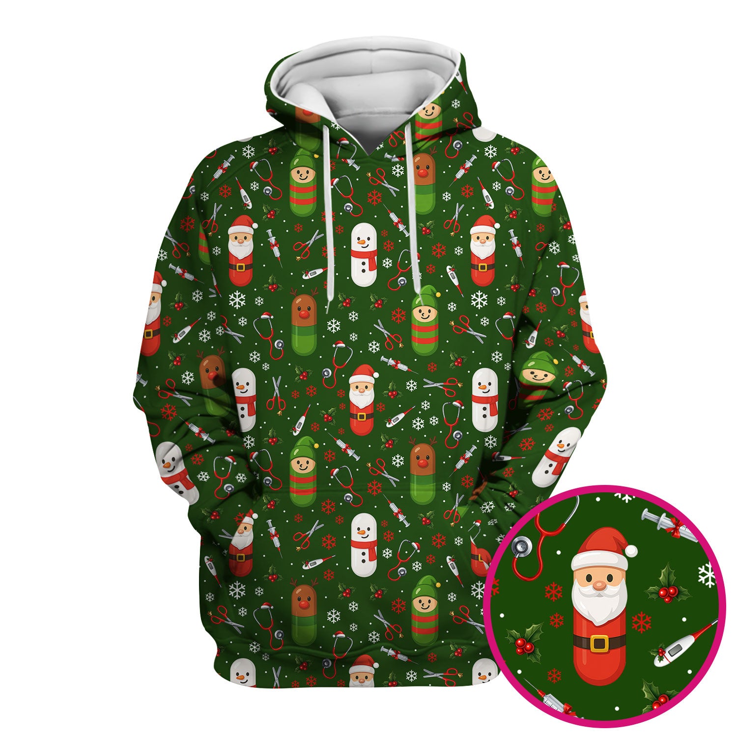Santa Christmas Scrubs Set - Fun Holiday Pattern with Reindeer and Snowman - Cute Medical Scrub Top and Pants for Nurses