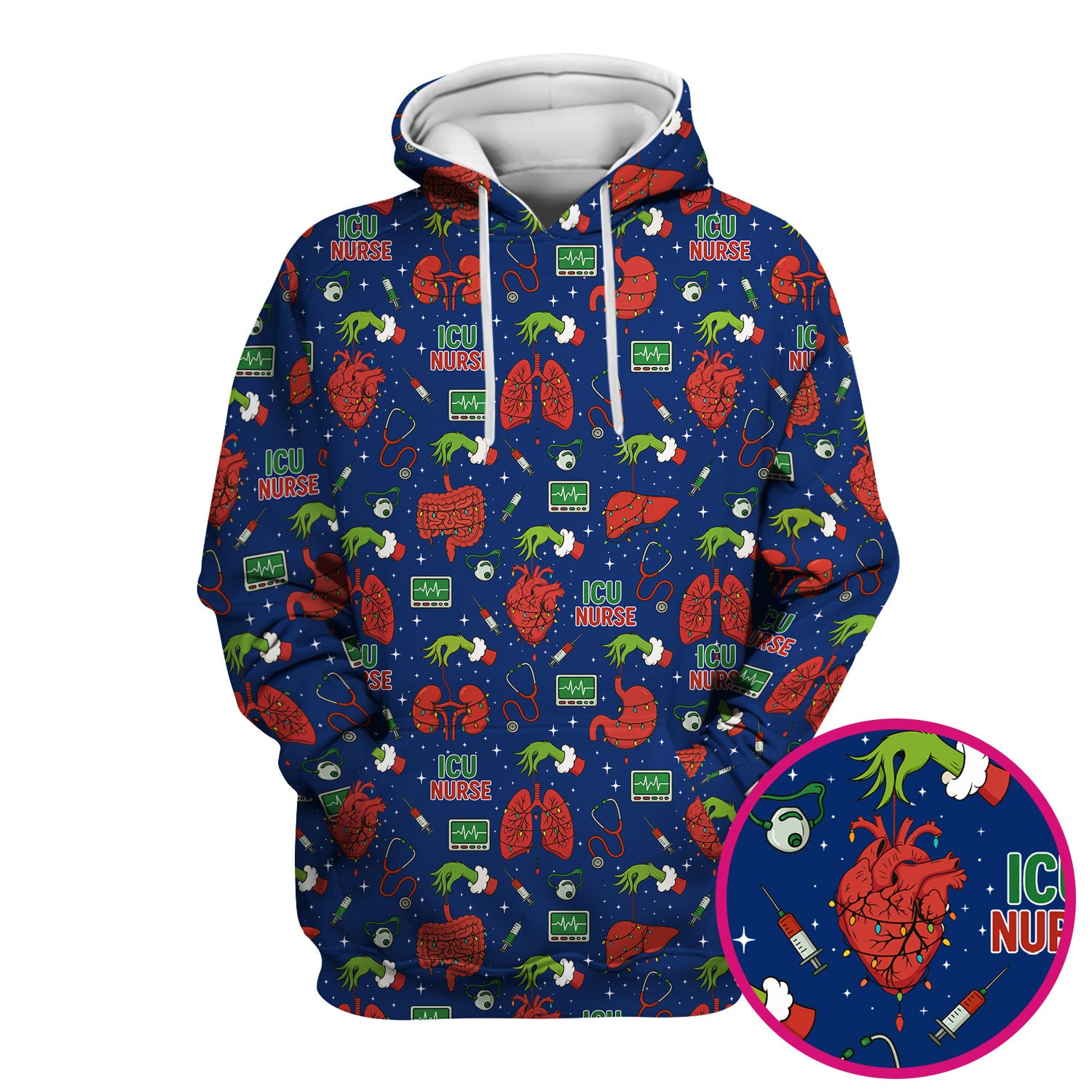 Christmas ICU Nurse Scrub Top - Funny Heart Anatomy Pattern - Holiday Nursing Shirt Gift for RN LPN CNA