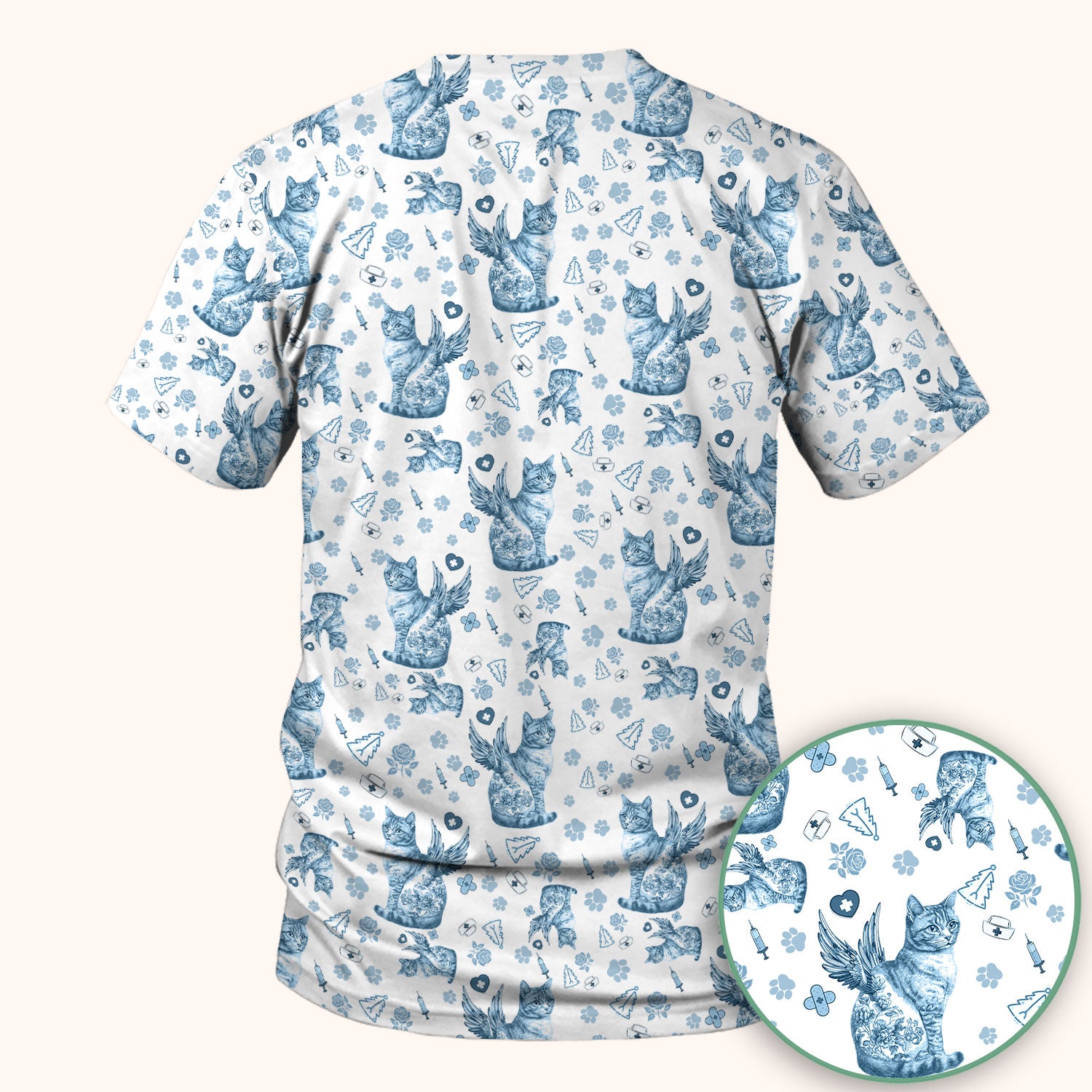 Toile de Jouy Cat Angel Scrub Top - Blue Vintage Nurse Shirt - French Style Medical Uniform for Women RN LPN CNA Gift