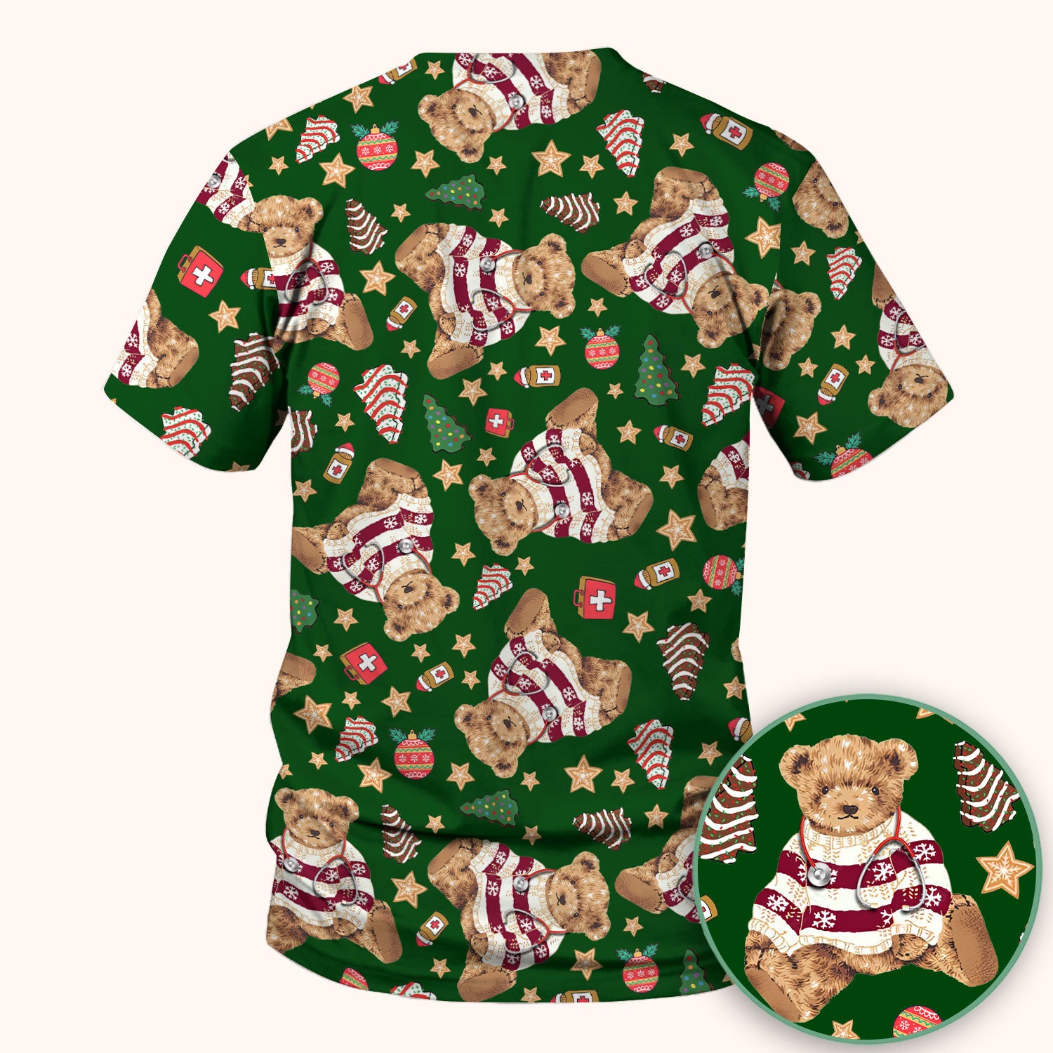 Teddy Bear Christmas Scrub Top - Cute Holiday Medical Pattern with Warm Sweater Bear - Gift for Nurses RN CNA LPN