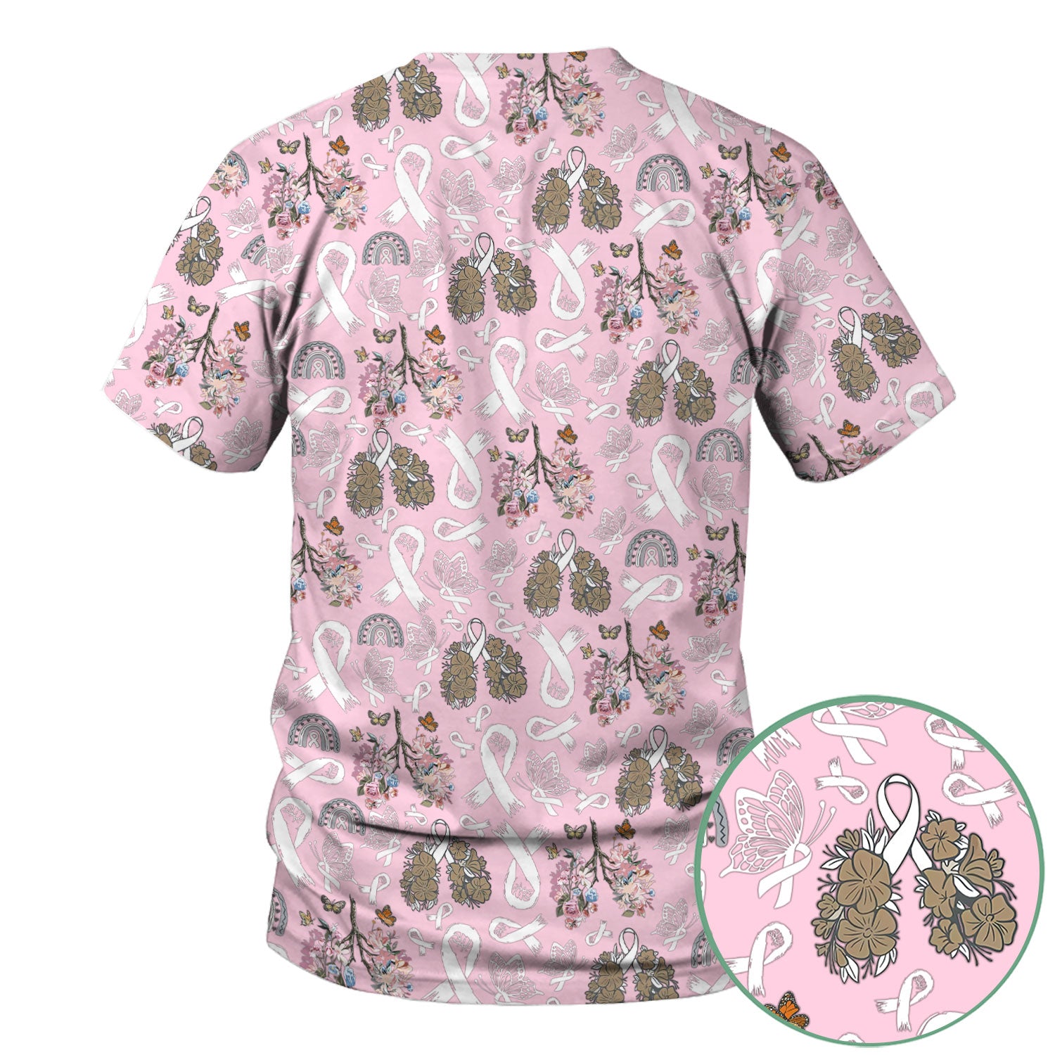Lung Cancer Awareness Nurse Scrub Top - White Ribbon Butterfly Floral Medical Uniform - Comfortable V-Neck Nursing Shirt Gift