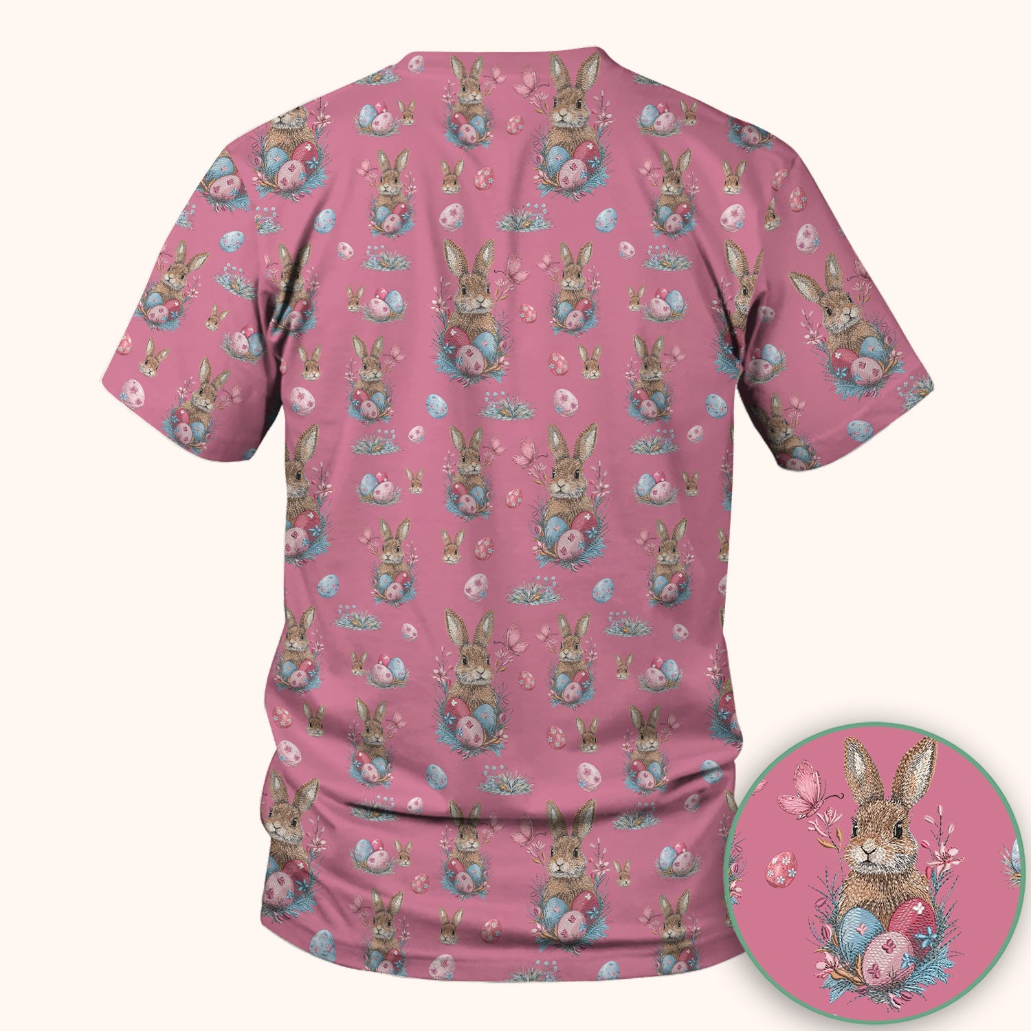 Pastel Easter Bunny Nest Pattern Scrub Top, Comfortable Scrubs for Nurses