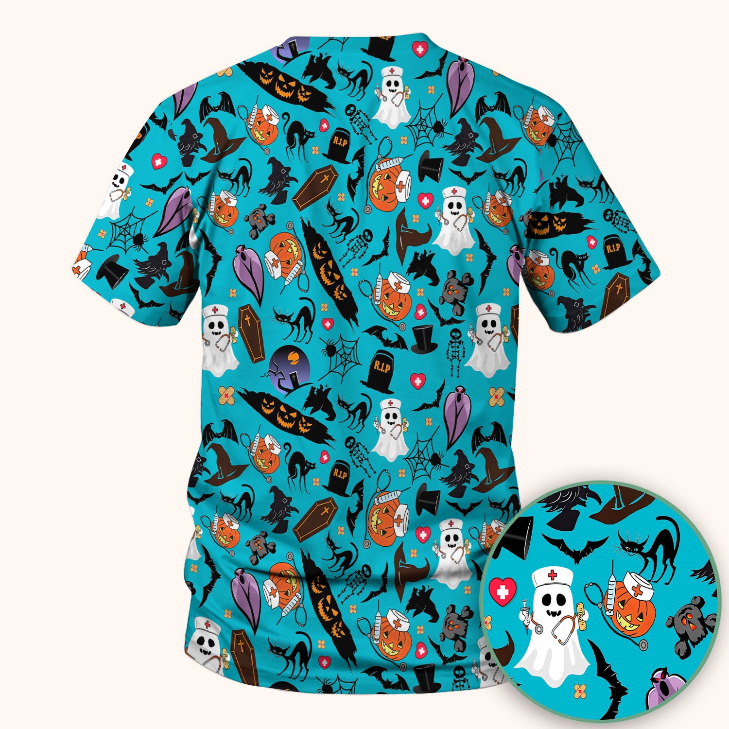 Spooky Halloween Scrub Top - Pumpkin Ghost Bat Nurse Shirt - Wicked Witch Medical Uniform for Women RN CNA LPN