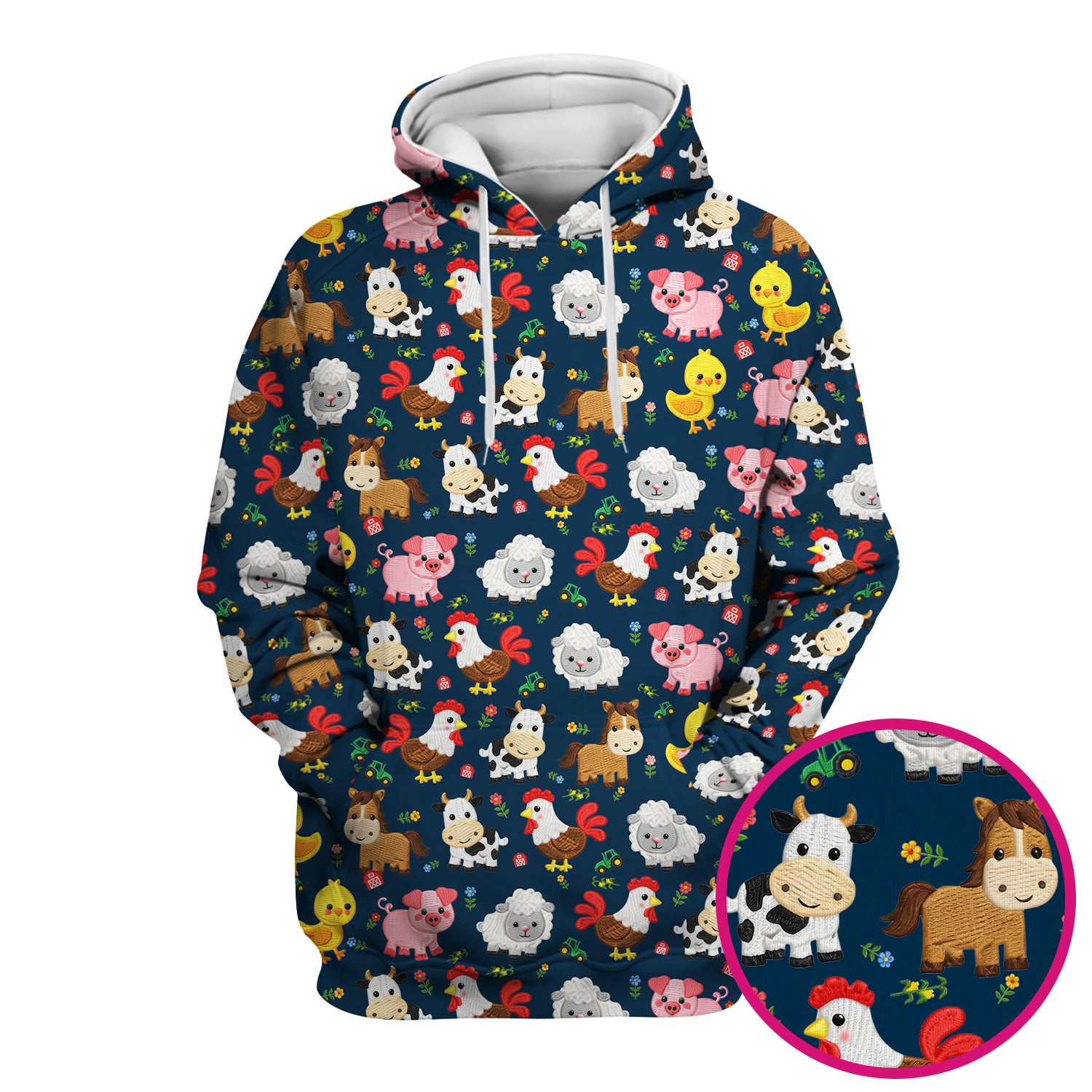 Cartoon Farm Animal Pattern Scrub Top, Breathable Fabrics Nursing Uniform