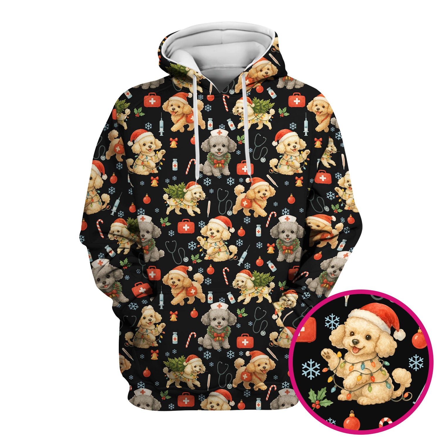 Cute Christmas Dog Scrub Top - Puppy Nurse Shirt Santa Hat Print - Holiday Medical Scrubs Gift for Women CNA RN Doctor