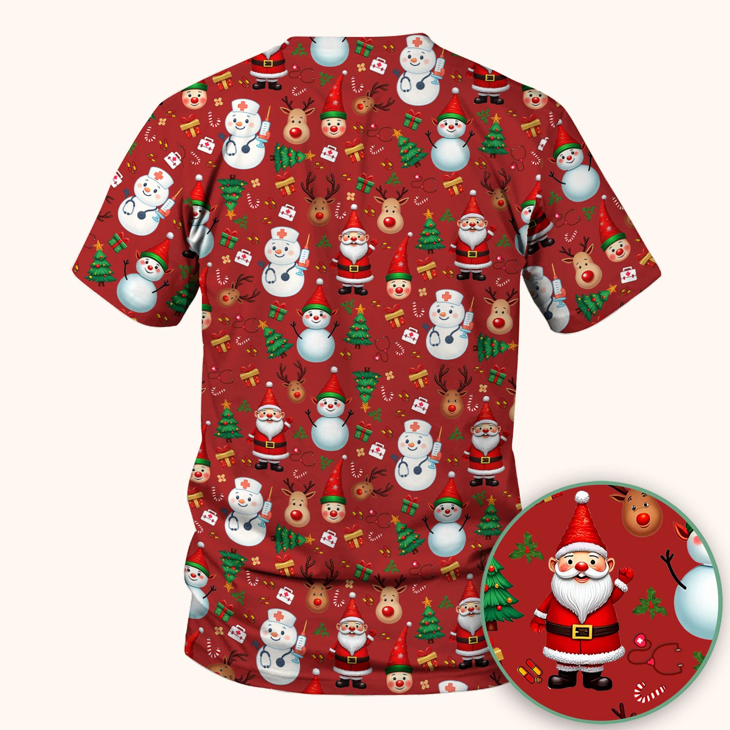 Christmas Scrub Top for Nurses - Cute Snowman Reindeer Santa Pattern - Holiday Medical Uniform RN CNA LPN Gift