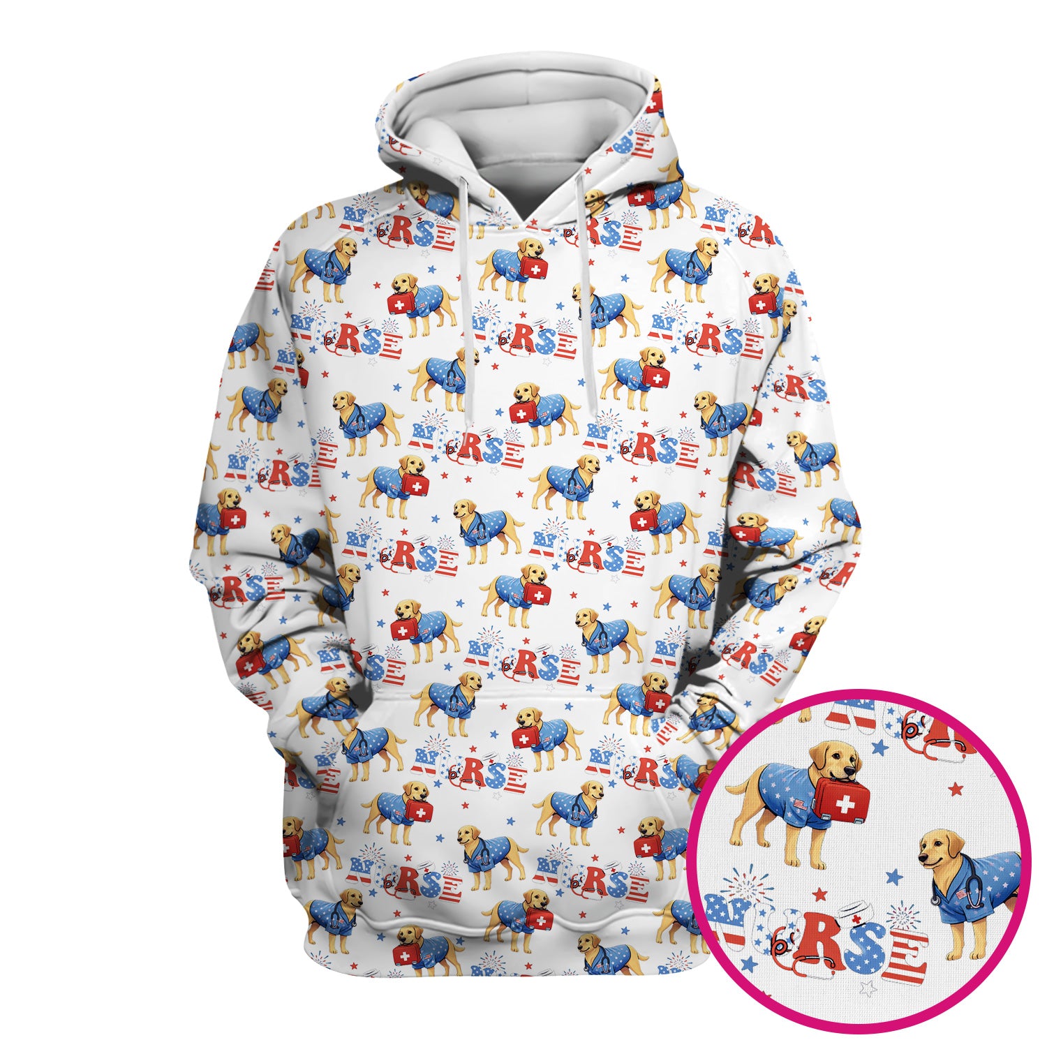 Patriotic Nurse Dog Medical Pattern Scrub Top, Breathable Fabrics Nursing Uniform