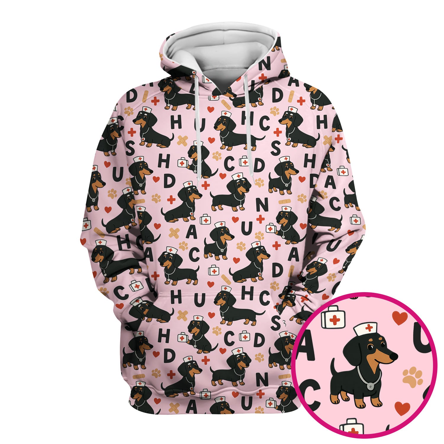 Dachshund Nurse Scrub Top for Women - Cute Dog Pattern Medical Shirt - Funny Sausage Dog Print Scrubs Gift for RN LPN CNA Healthcare Staff