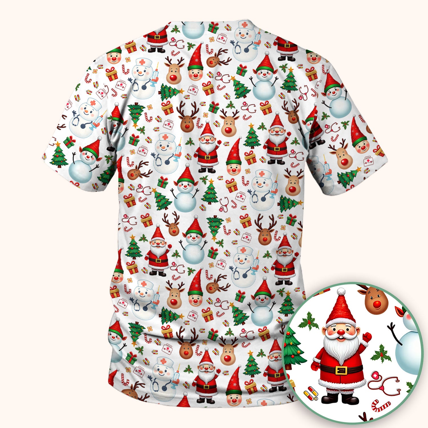 Christmas Nurse Scrub Top - Cute Snowman Santa Reindeer Pattern Medical Shirt - Festive Holiday Scrubs for Women RN CNA LPN