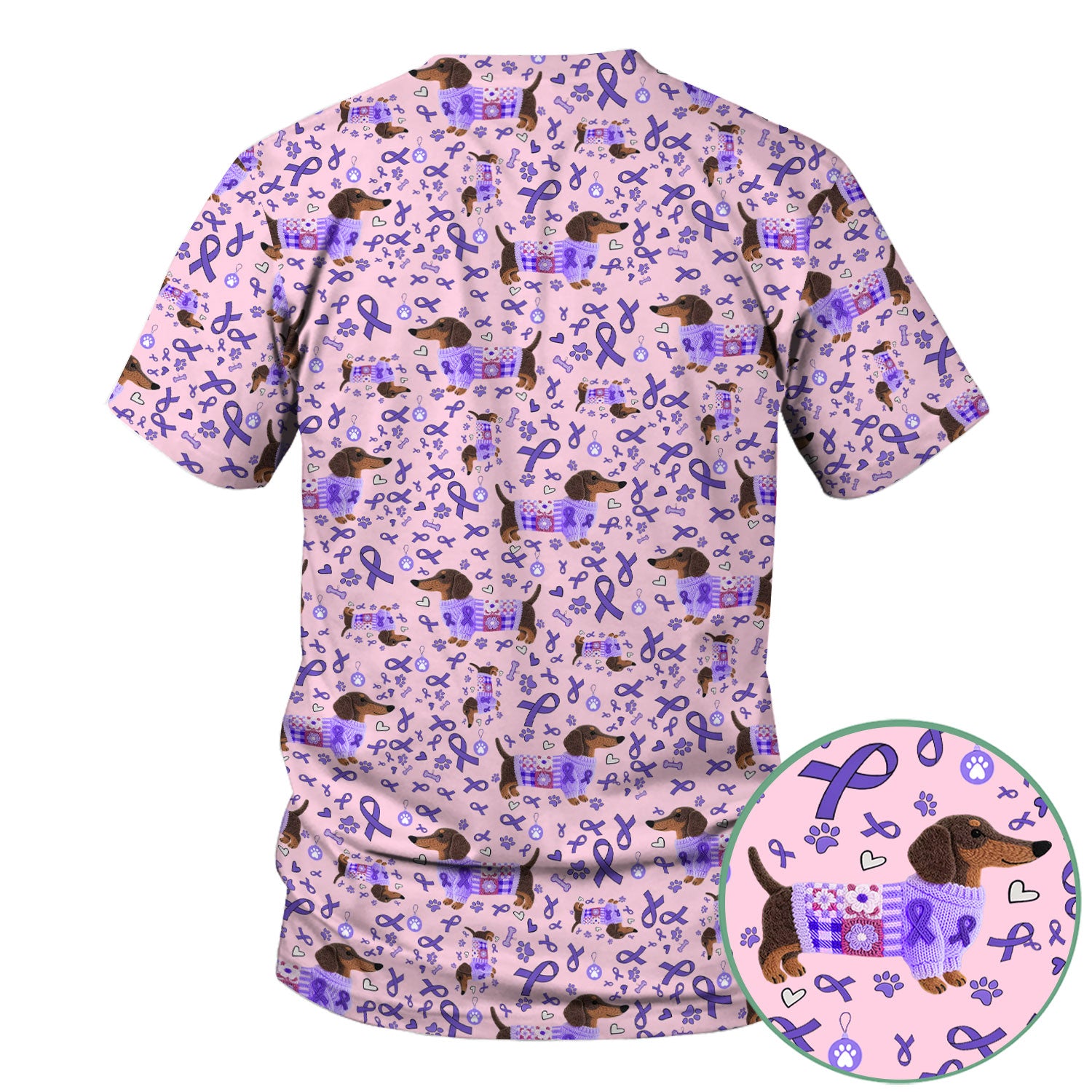 Purple Ribbon Dachshund Scrub Top for Nurses - Cute Awareness Dog Paw Prints - Support Lupus Cancer Med Uniform Gift for Women