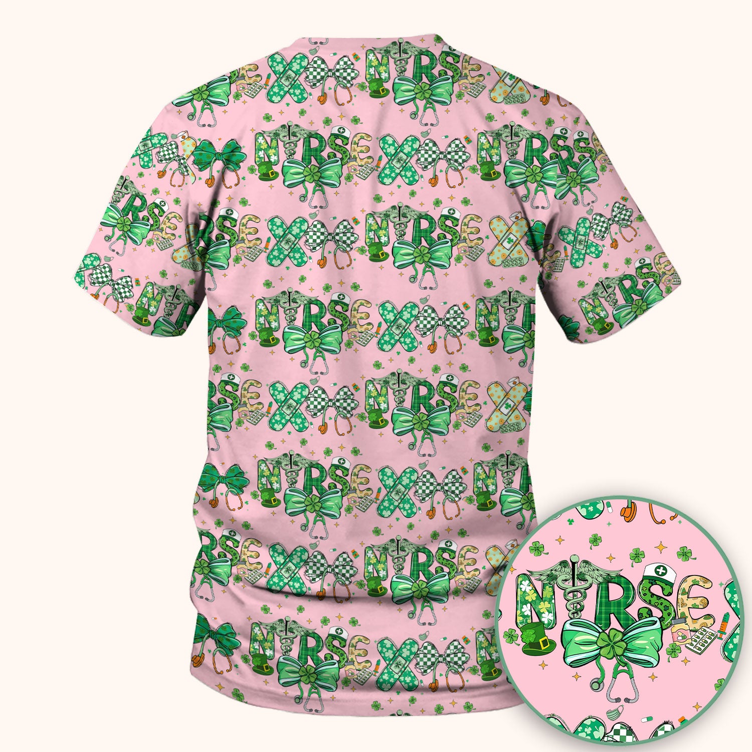 St. Patrick’s Nurse Scrub Top, Lucky Clover And Green Bow Pattern Nurse Shirt, Breathable Fabrics Nursing Uniform