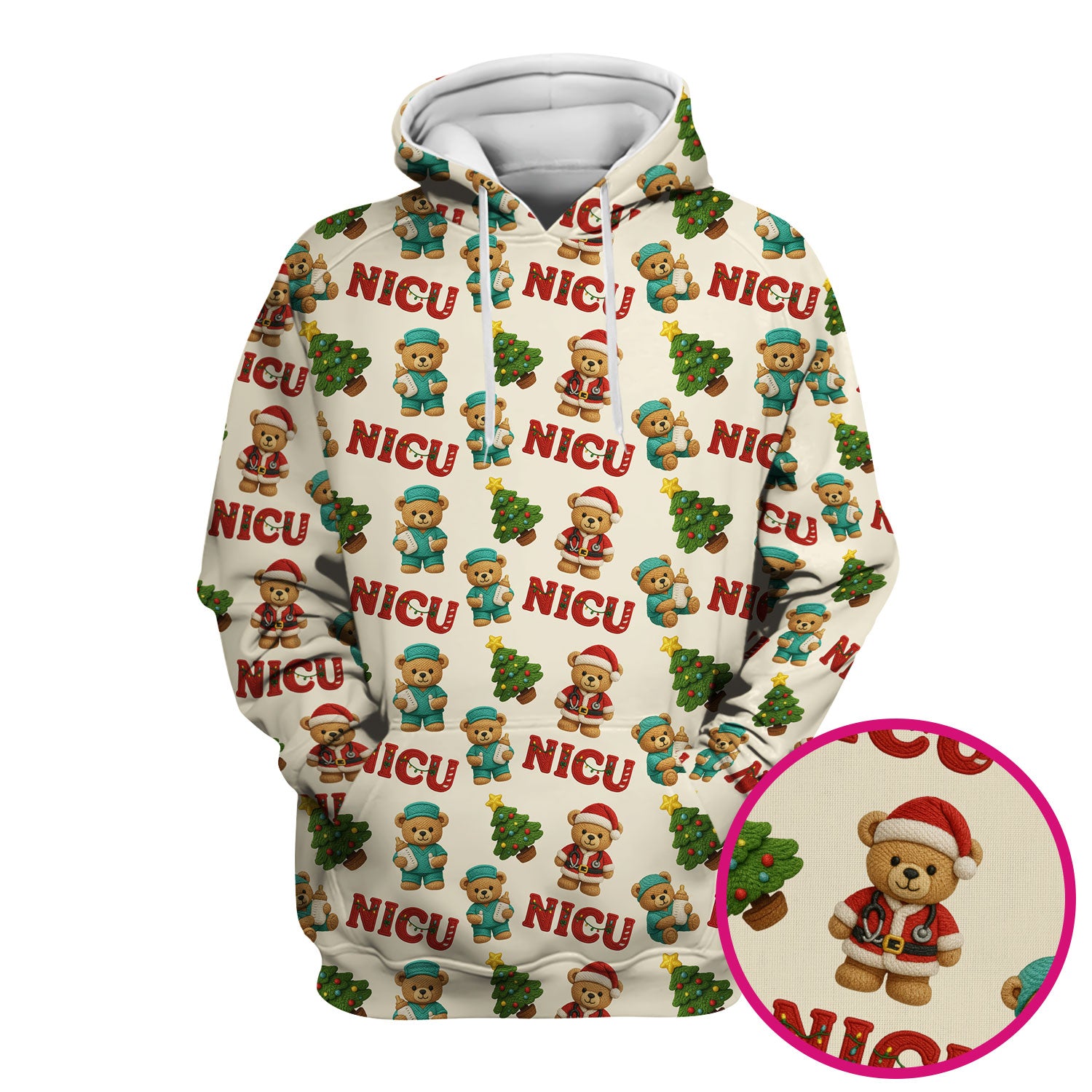 Festive Christmas NICU Nurse Teddy Bear Pattern, Breathable Fabrics Nursing Uniform