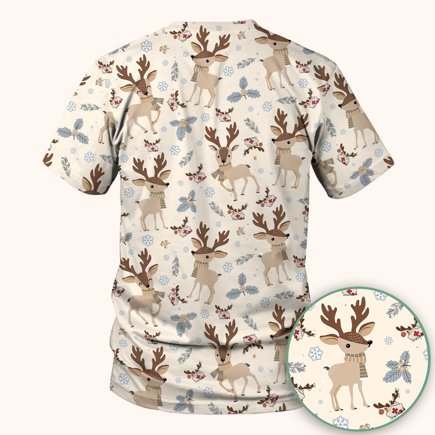 Reindeer Christmas Scrub Top - Cozy Beige Holiday Nurse Shirt with Cute Deer Pattern - Festive Medical Scrubs for Women RN CNA LPN