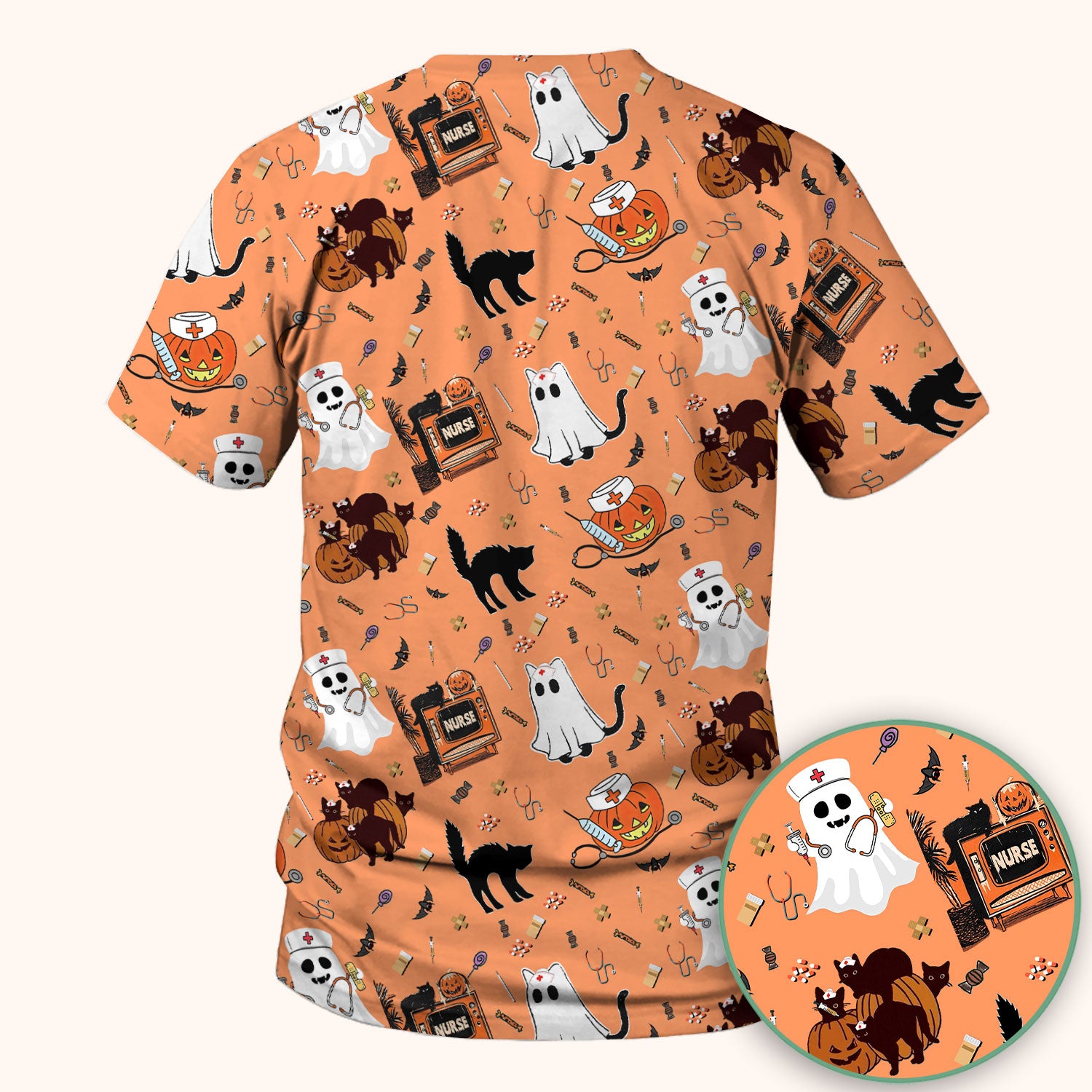 Halloween Scrub Top for Nurse - Cute Pumpkin Ghost Cat Medical Shirt - Spooky Scrubs for Women RN CNA LPN