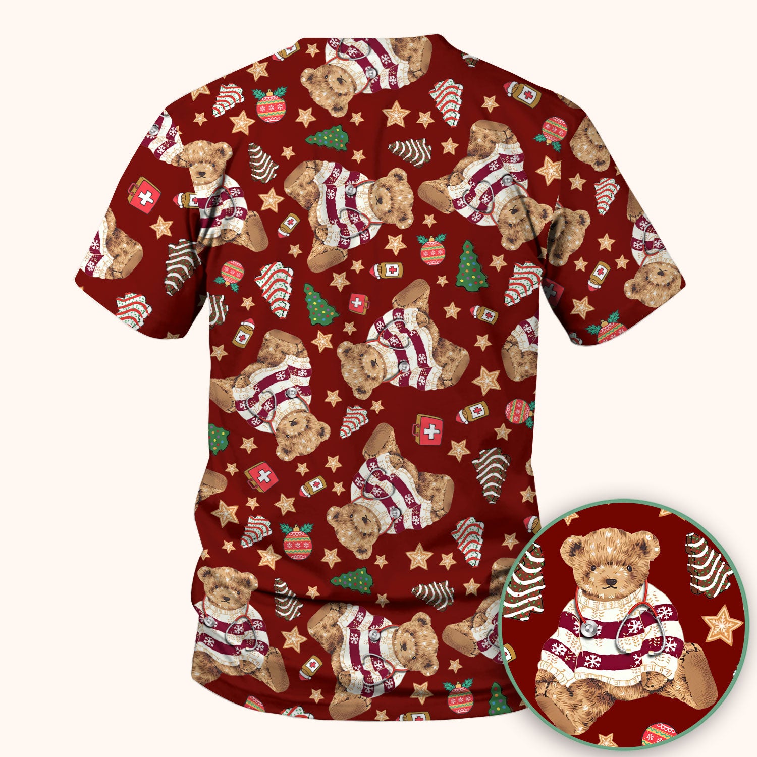 Teddy Bear Christmas Scrub Top - Cute Holiday Medical Pattern with Warm Sweater Bear - Gift for Nurses RN CNA LPN