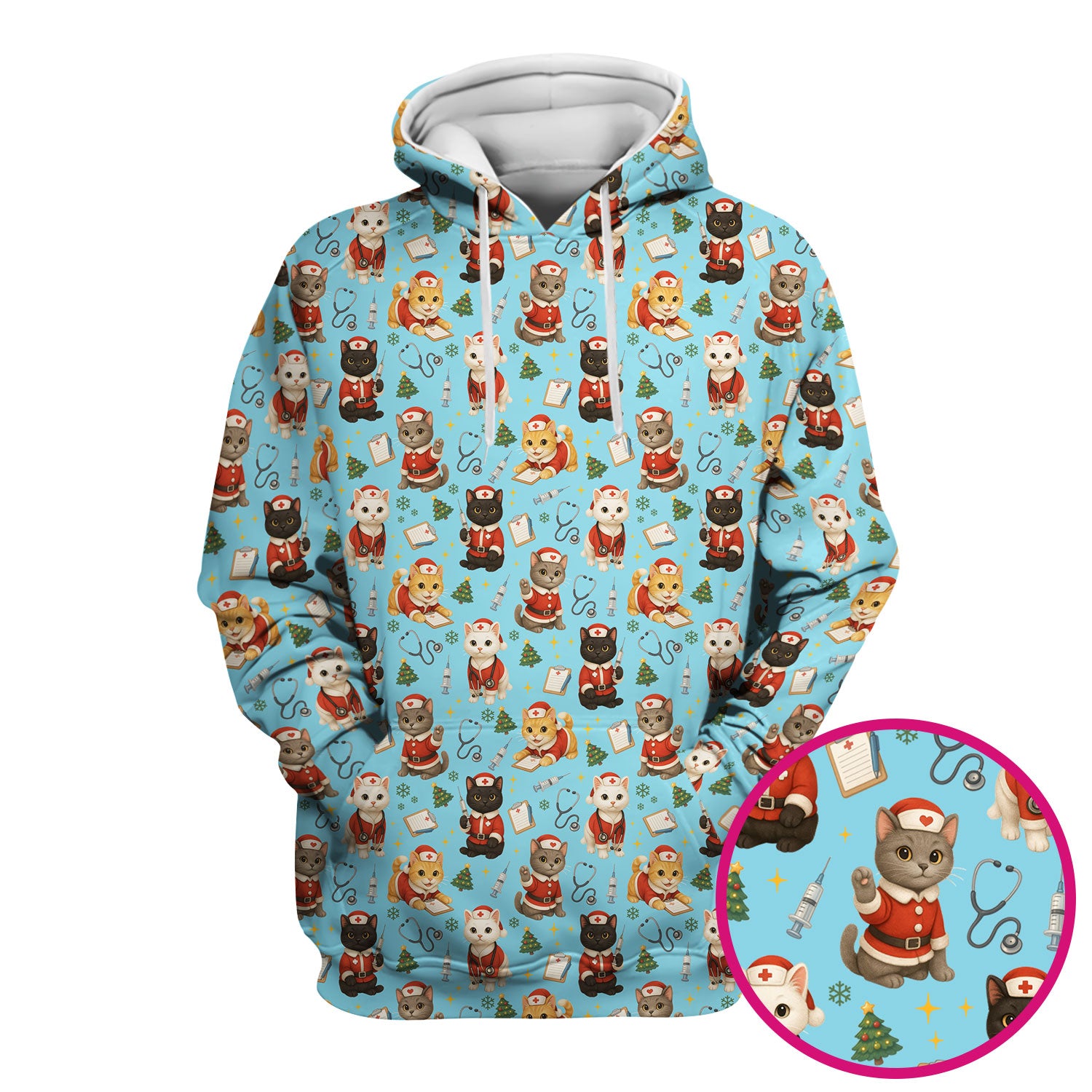 Christmas Nurse Scrub Top for Women - Cute Lucky Cat Pattern - Funny Holiday Nursing Shirt Gift for RN LPN CNA