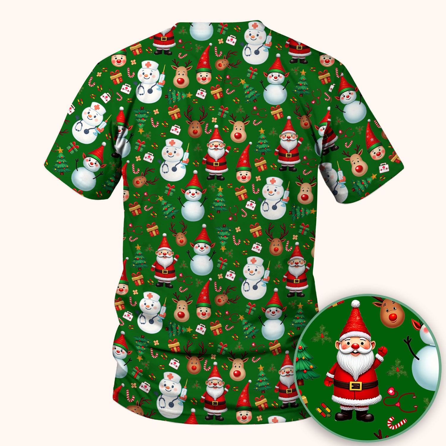 Christmas Scrub Top for Nurses - Cute Snowman Reindeer Santa Pattern - Holiday Medical Uniform RN CNA LPN Gift