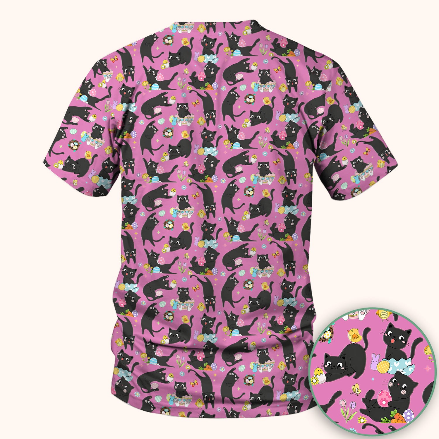 Playful Black Cat Easter Egg Pattern Scrub Top, Comfortable Scrubs for Nurses