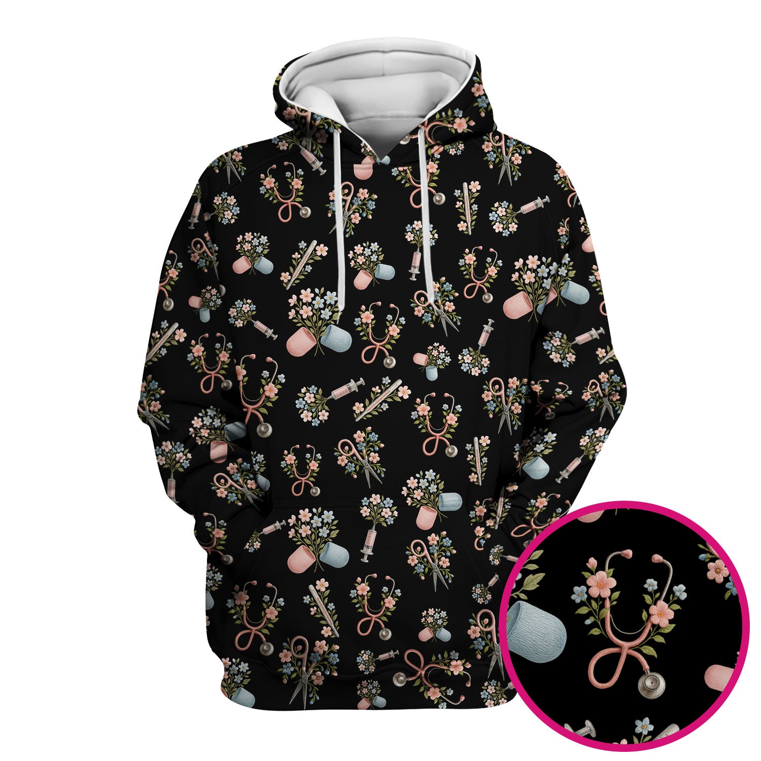 Floral Medical Scrub Top, Elegant Stethoscope With Flower Nursing Shirt, Breathable Fabrics Nurse Uniform